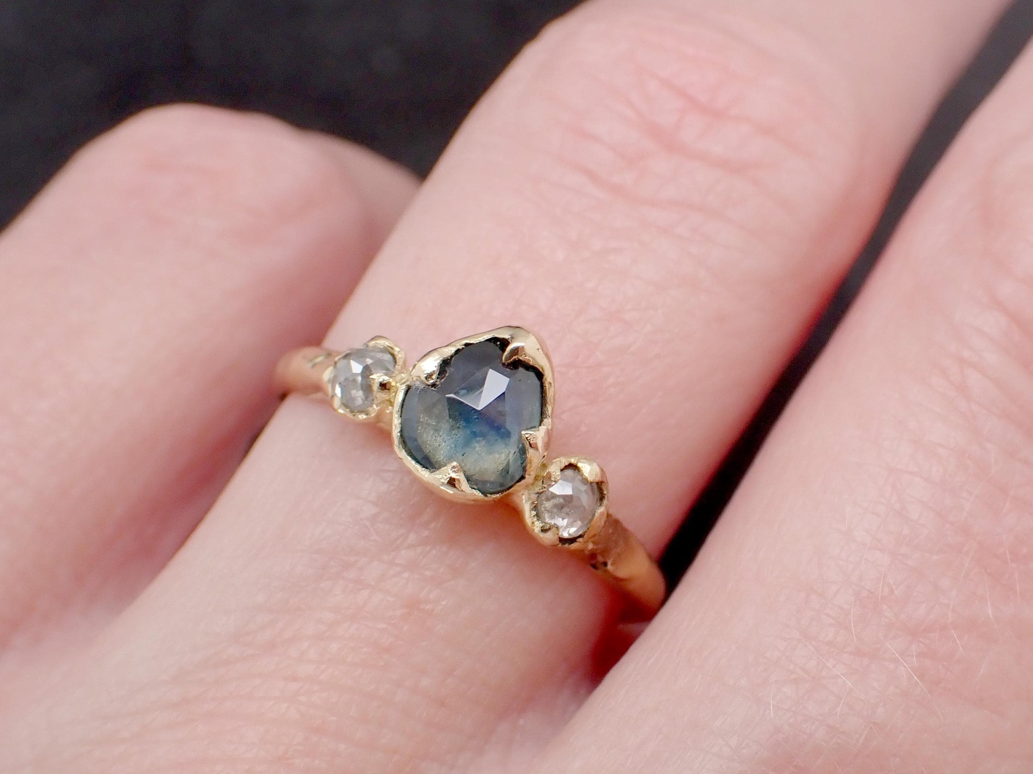 Montana Blue Green Sapphire Rose Cut Engagement Ring – 18k Yellow Gold with faceted Diamonds by Angeline Custom Wedding 3586