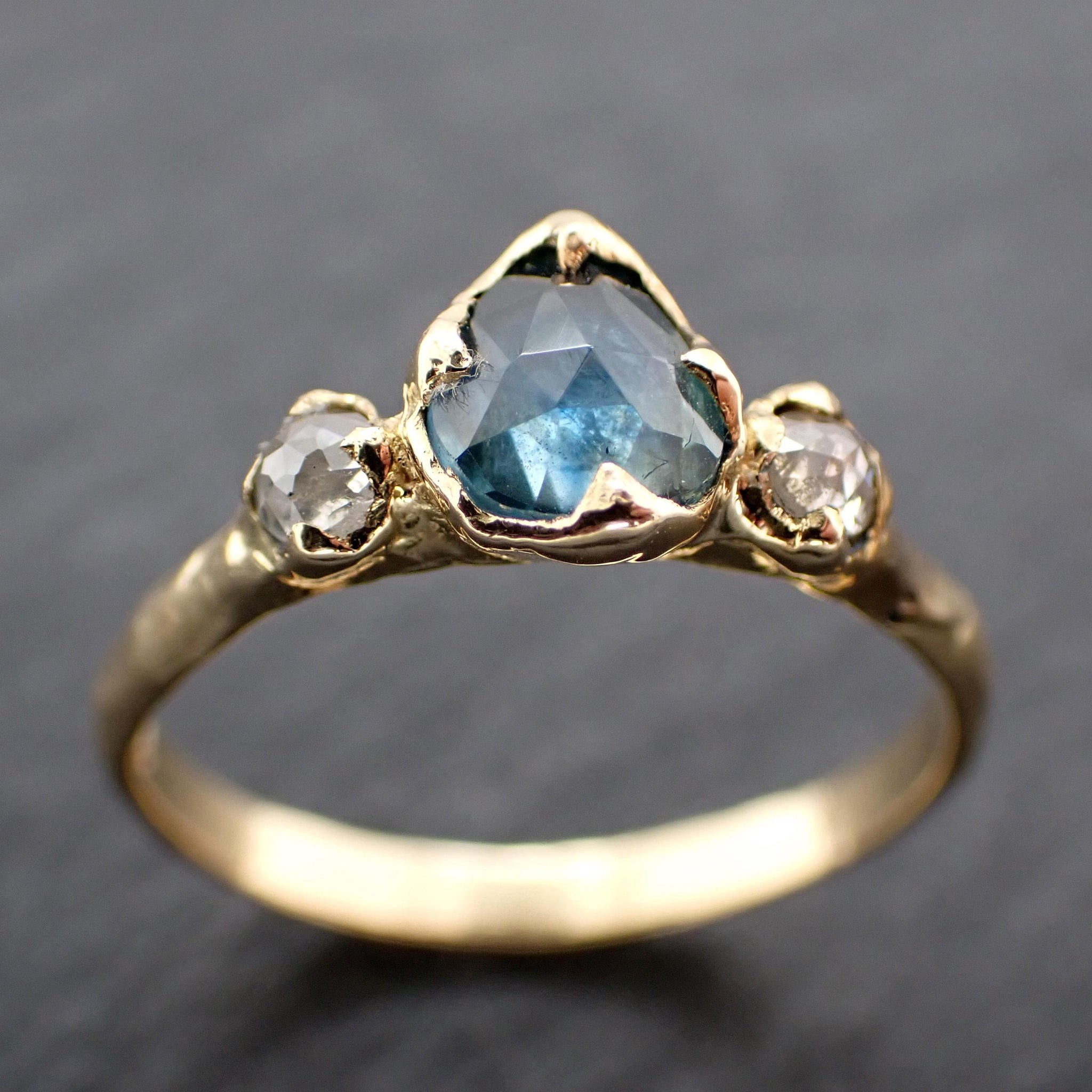 Montana Blue Green Sapphire Rose Cut Engagement Ring – 18k Yellow Gold with faceted Diamonds by Angeline Custom Wedding 3586