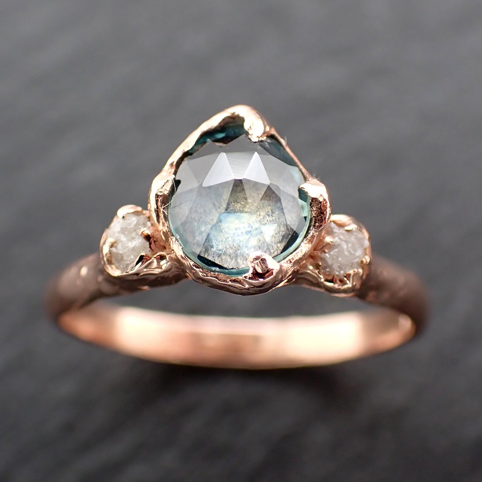 Montana Blue Sapphire Rose Cut Engagement Ring – 14k Rose Gold with faceted Diamonds by Angeline Custom Wedding 3588