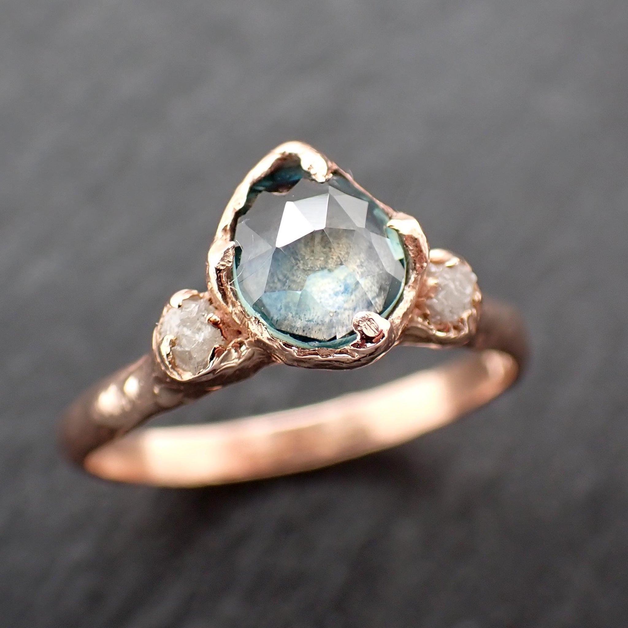 Montana Blue Sapphire Rose Cut Engagement Ring – 14k Rose Gold with faceted Diamonds by Angeline Custom Wedding 3588