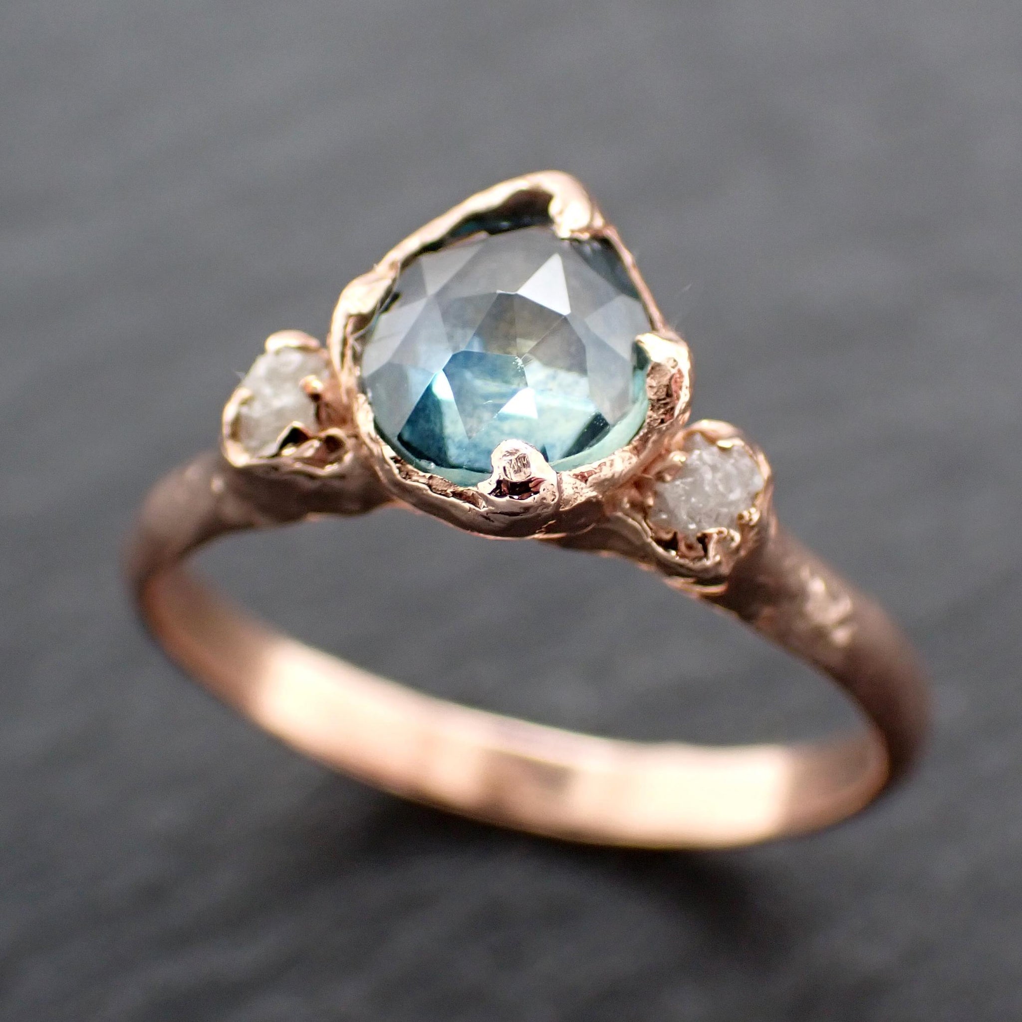 Montana Blue Sapphire Rose Cut Engagement Ring – 14k Rose Gold with faceted Diamonds by Angeline Custom Wedding 3588