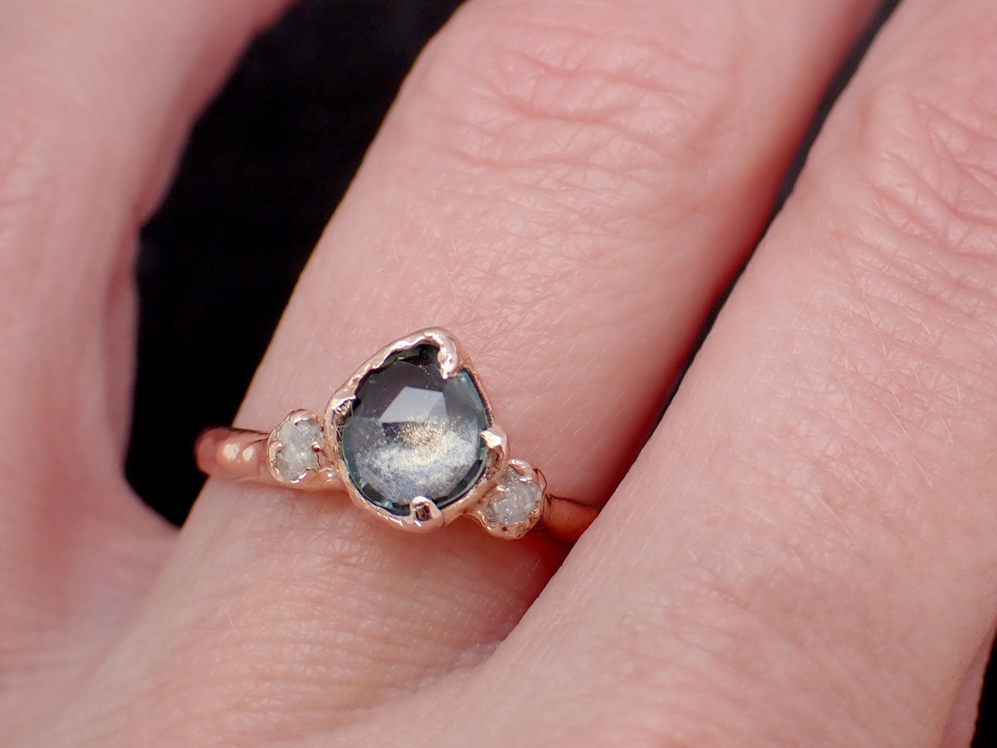 Montana Blue Sapphire Rose Cut Engagement Ring – 14k Rose Gold with faceted Diamonds by Angeline Custom Wedding 3588