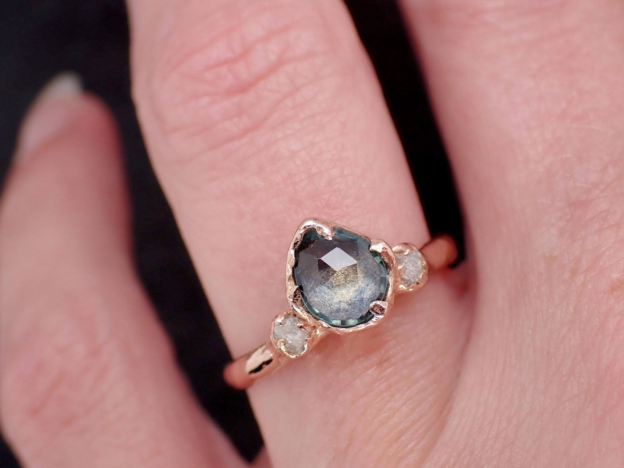 Montana Blue Sapphire Rose Cut Engagement Ring – 14k Rose Gold with faceted Diamonds by Angeline Custom Wedding 3588