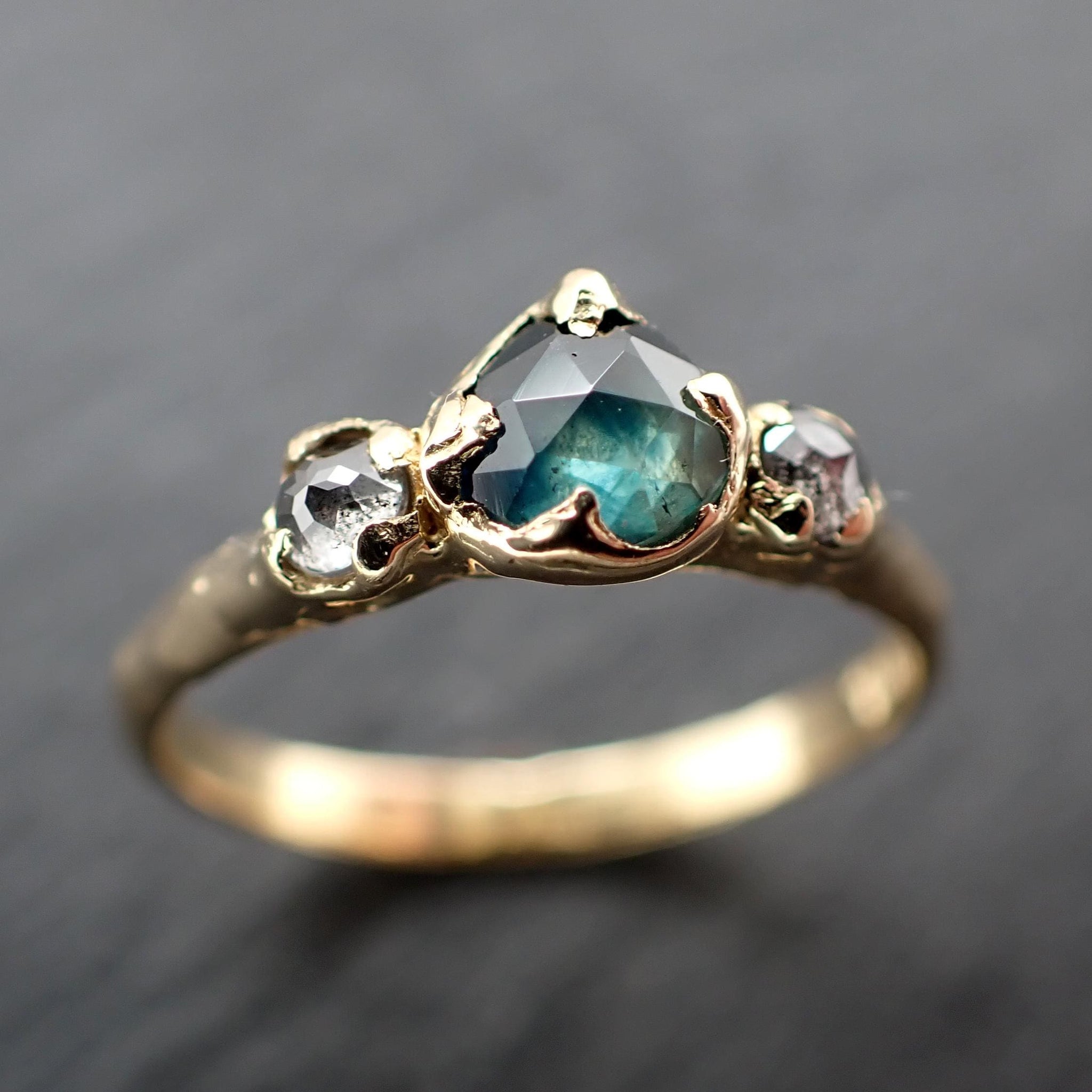 Montana Blue Green Sapphire Rose Cut Engagement Ring – 18k Yellow Gold with faceted Diamonds byAngeline Custom Wedding 3583