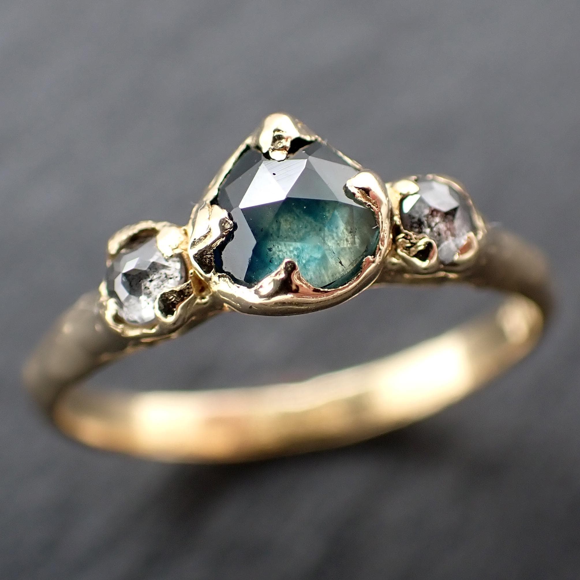 Montana Blue Green Sapphire Rose Cut Engagement Ring – 18k Yellow Gold with faceted Diamonds byAngeline Custom Wedding 3583