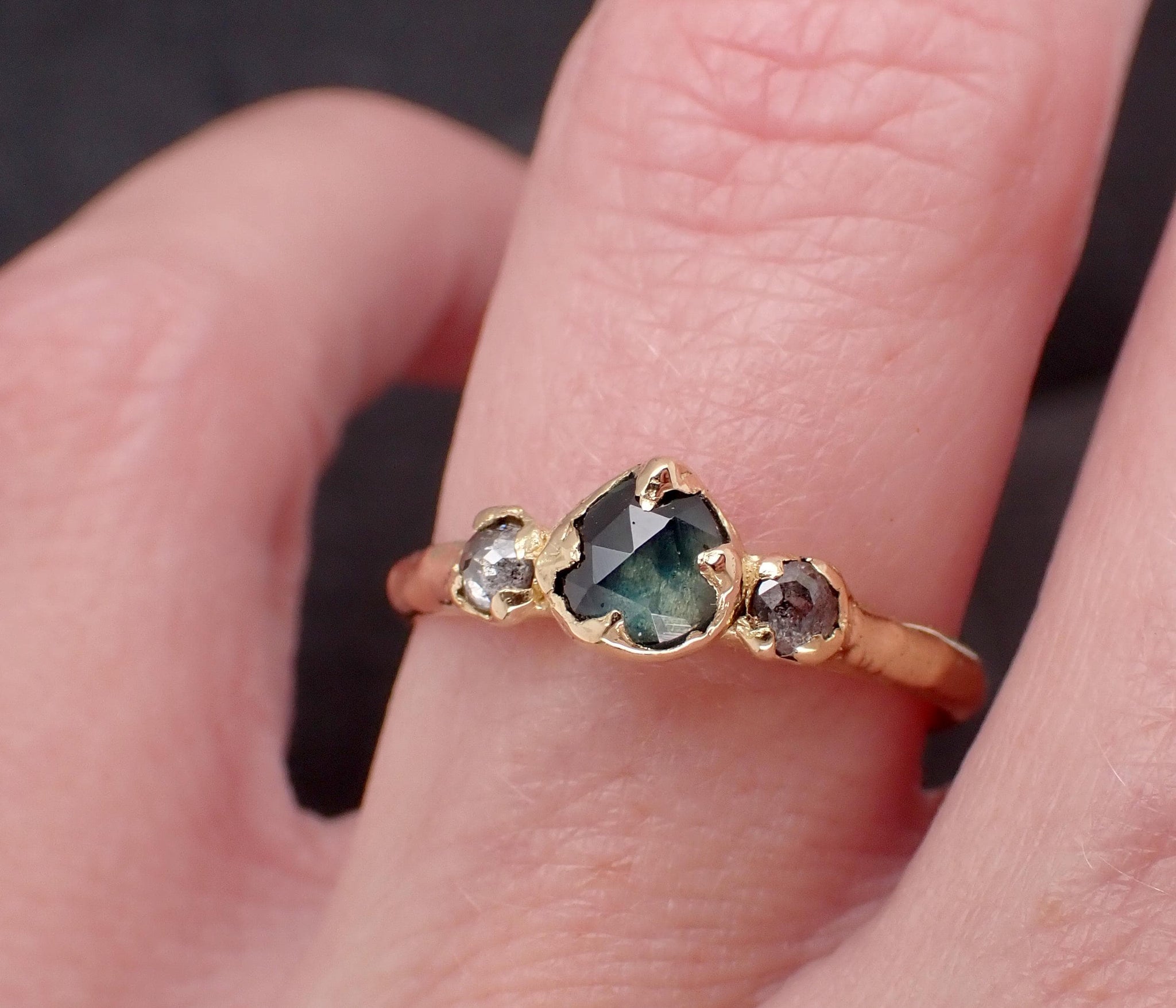Montana Blue Green Sapphire Rose Cut Engagement Ring – 18k Yellow Gold with faceted Diamonds byAngeline Custom Wedding 3583