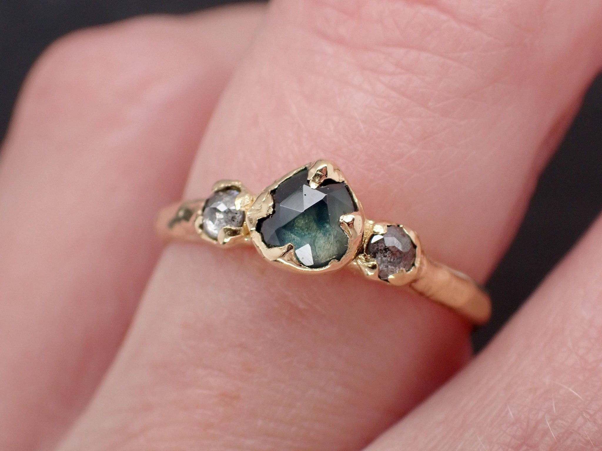 Montana Blue Green Sapphire Rose Cut Engagement Ring – 18k Yellow Gold with faceted Diamonds byAngeline Custom Wedding 3583
