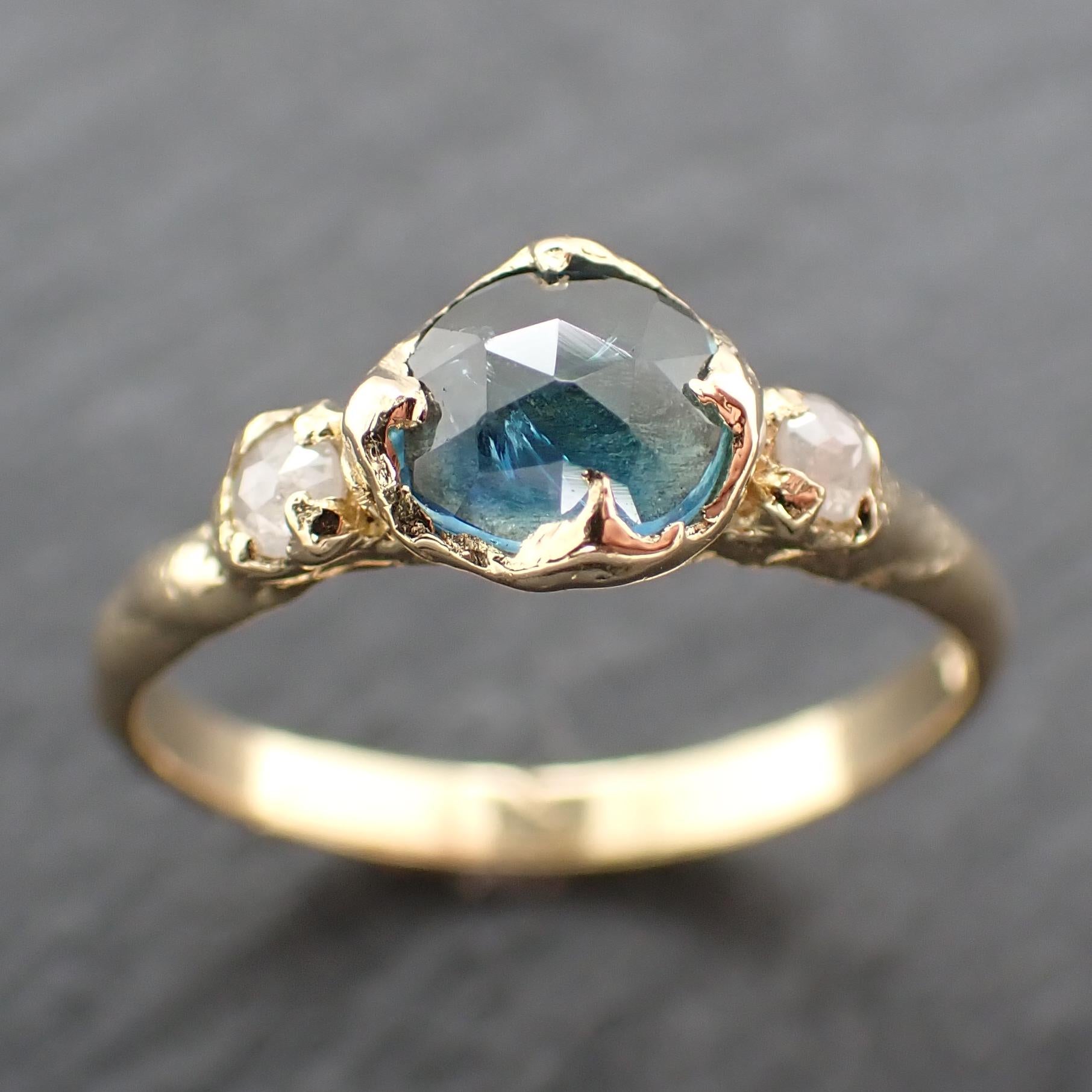 Montana Blue Green Sapphire Rose Cut Engagement Ring – 18k Yellow Gold with faceted Diamonds by Angeline Custom Wedding