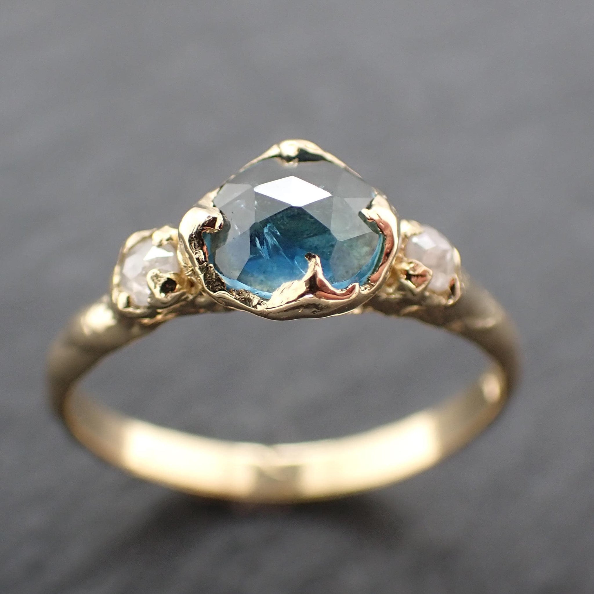 Montana Blue Green Sapphire Rose Cut Engagement Ring – 18k Yellow Gold with faceted Diamonds by Angeline Custom Wedding