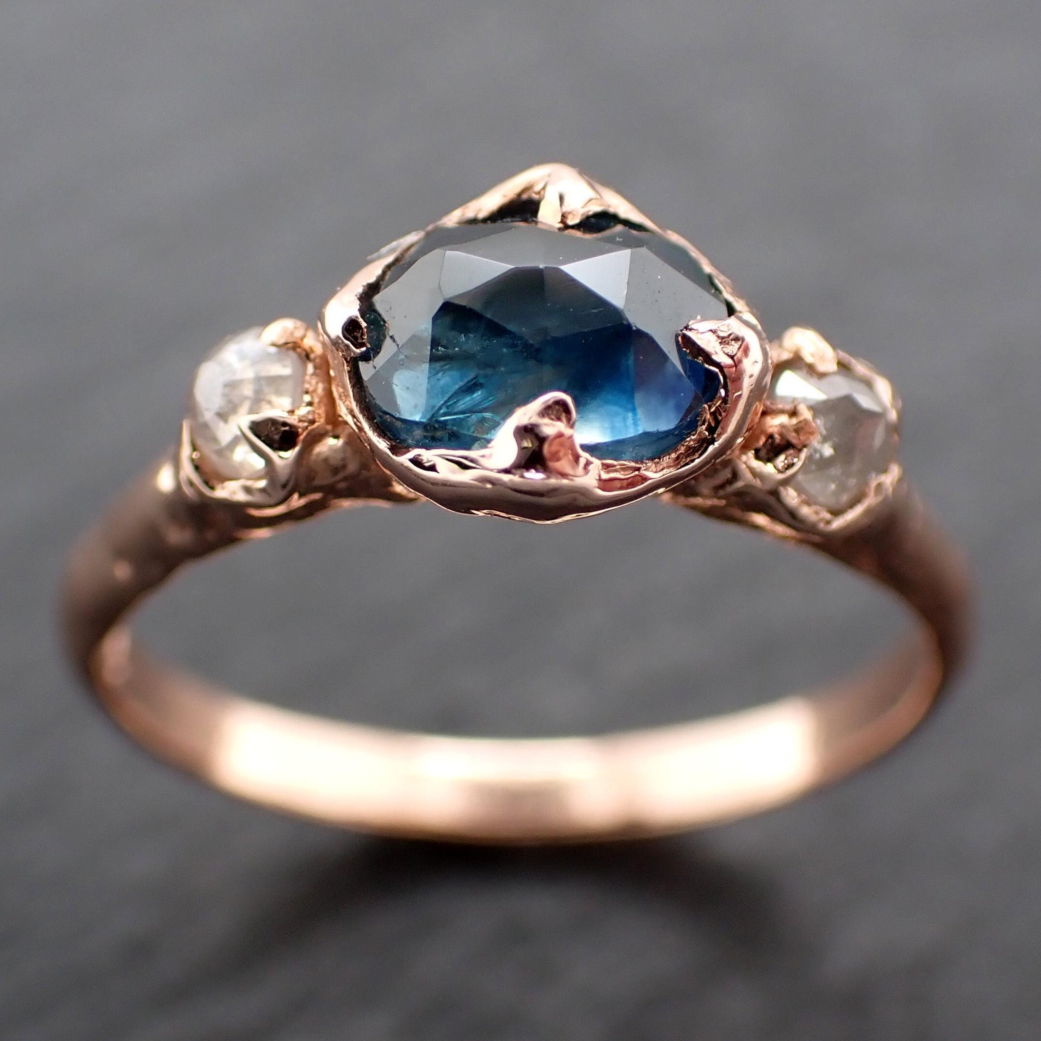 Montana Blue Rose Cut Sapphire Engagement Ring: 14k Rose Gold & Diamond Accents Wedding Hand Made