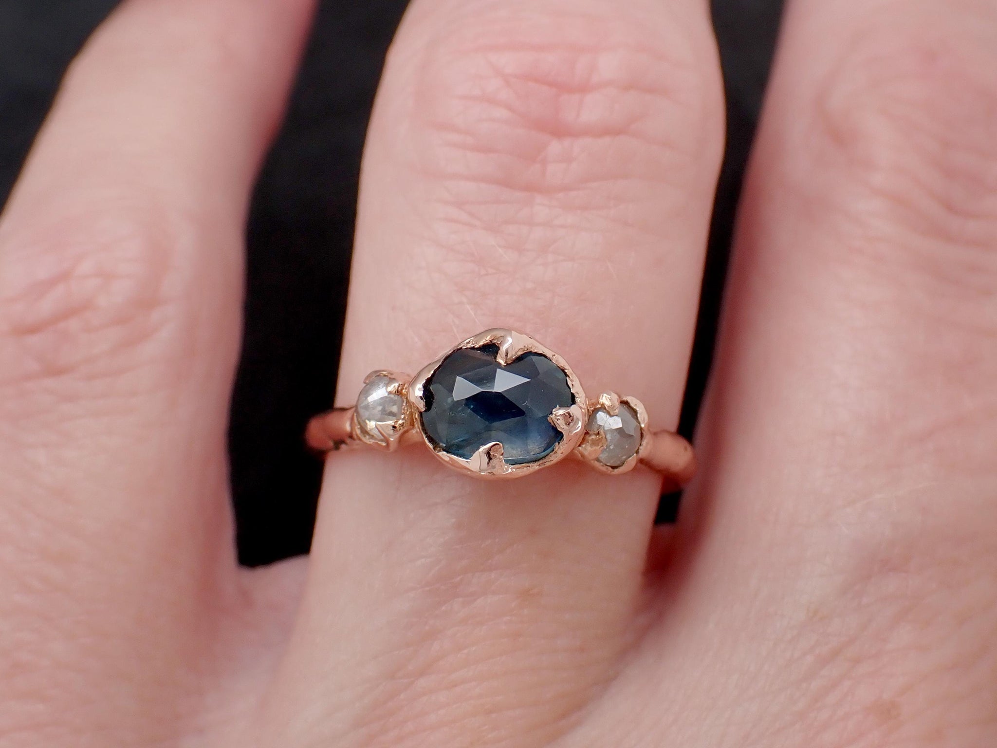 Montana Blue Rose Cut Sapphire Engagement Ring: 14k Rose Gold & Diamond Accents Wedding Hand Made