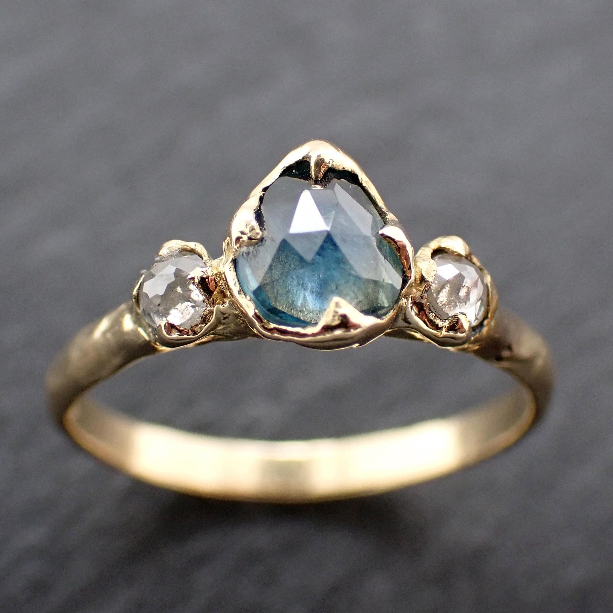 Montana Blue Green Sapphire Rose Cut Engagement Ring – 18k Yellow Gold with faceted Diamonds by Angeline Custom Wedding 3586