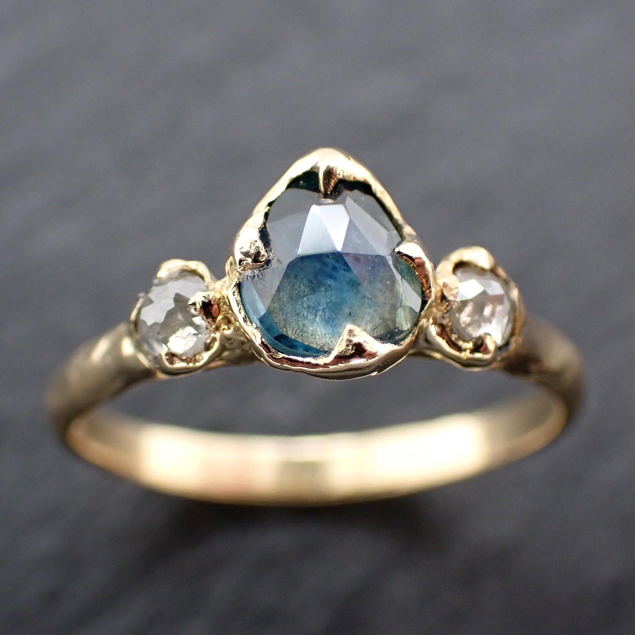 Montana Blue Green Sapphire Rose Cut Engagement Ring – 18k Yellow Gold with faceted Diamonds by Angeline Custom Wedding 3586