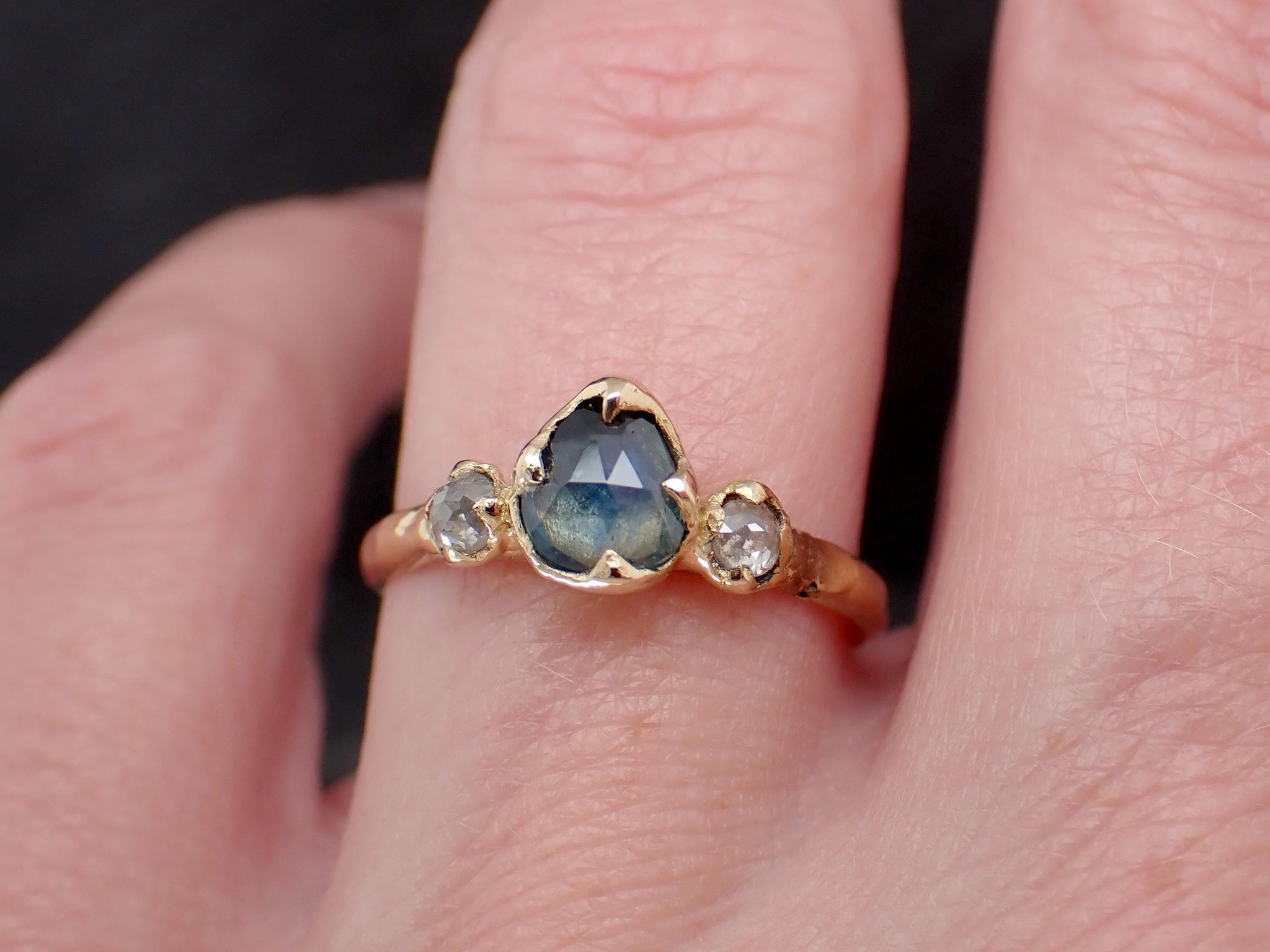 Montana Blue Green Sapphire Rose Cut Engagement Ring – 18k Yellow Gold with faceted Diamonds by Angeline Custom Wedding 3586