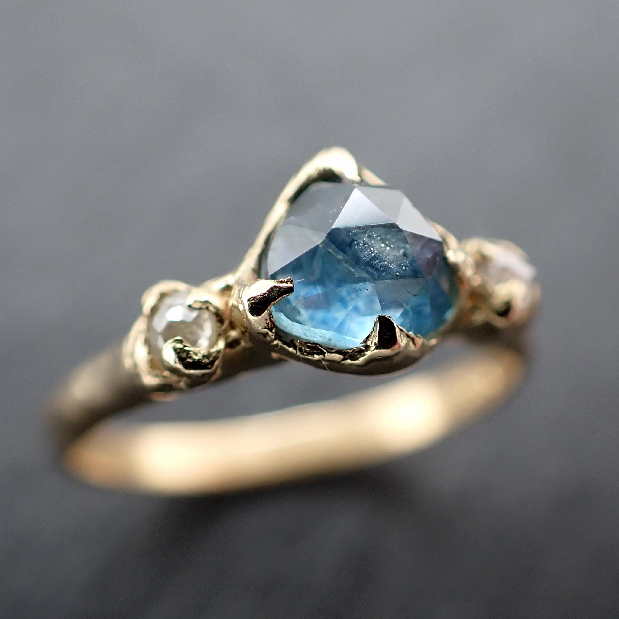 Montana Sapphire Engagement Ring | 18k Yellow Gold | Rose Cut Diamond Accents | Handmade byAngeline 3587