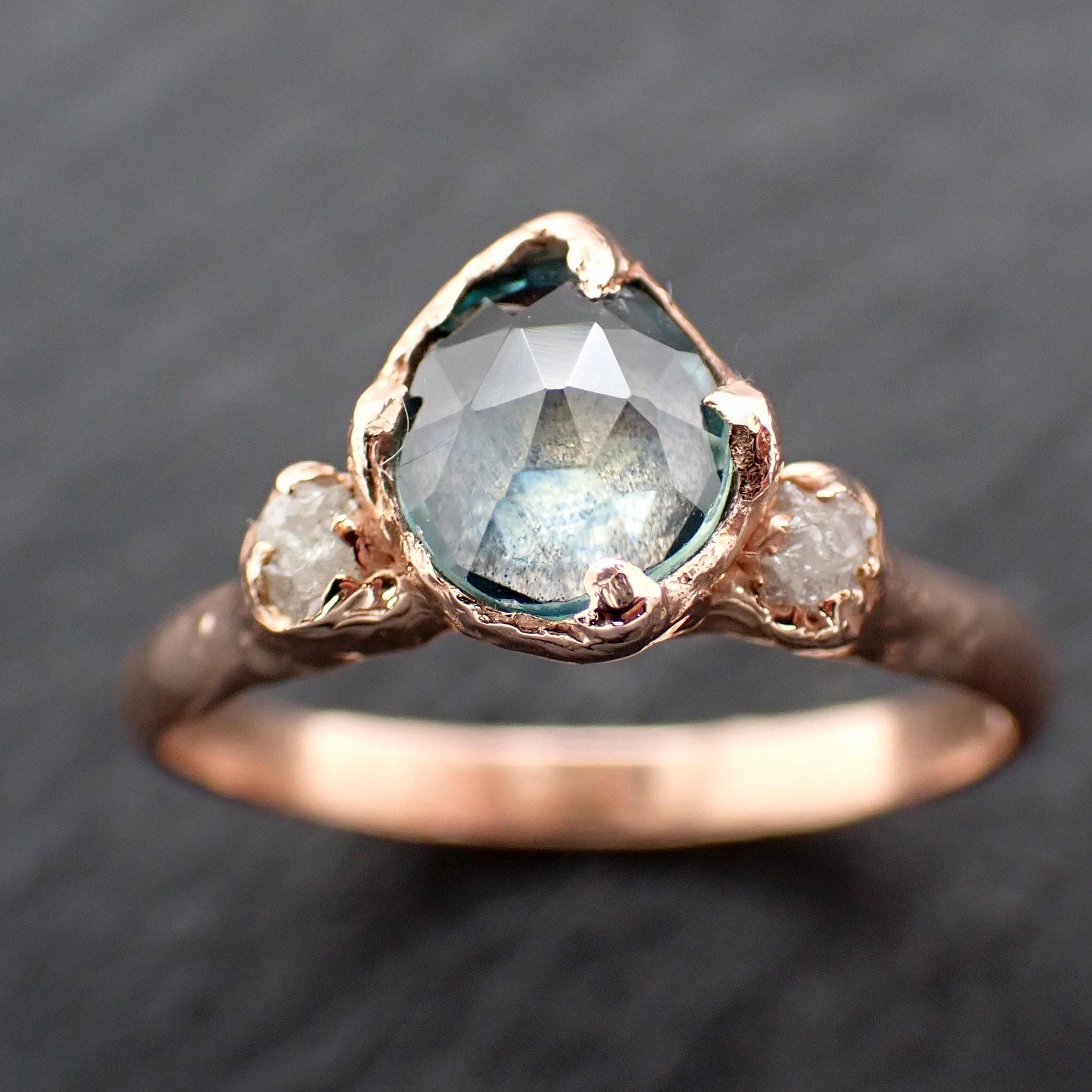 Montana Blue Sapphire Rose Cut Engagement Ring – 14k Rose Gold with faceted Diamonds by Angeline Custom Wedding 3588