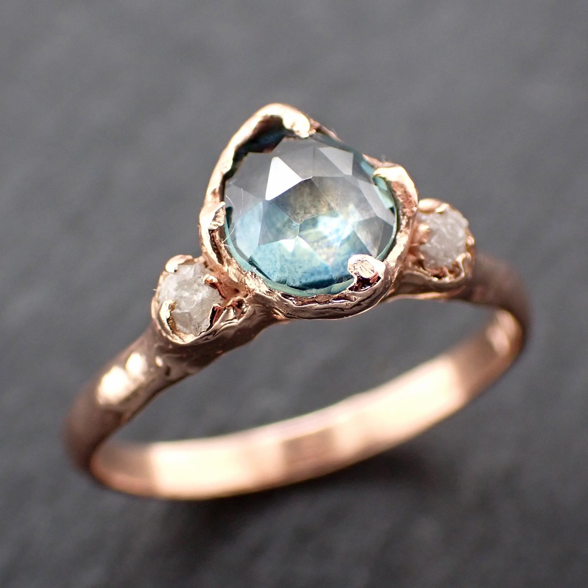 Montana Blue Sapphire Rose Cut Engagement Ring – 14k Rose Gold with faceted Diamonds by Angeline Custom Wedding 3588