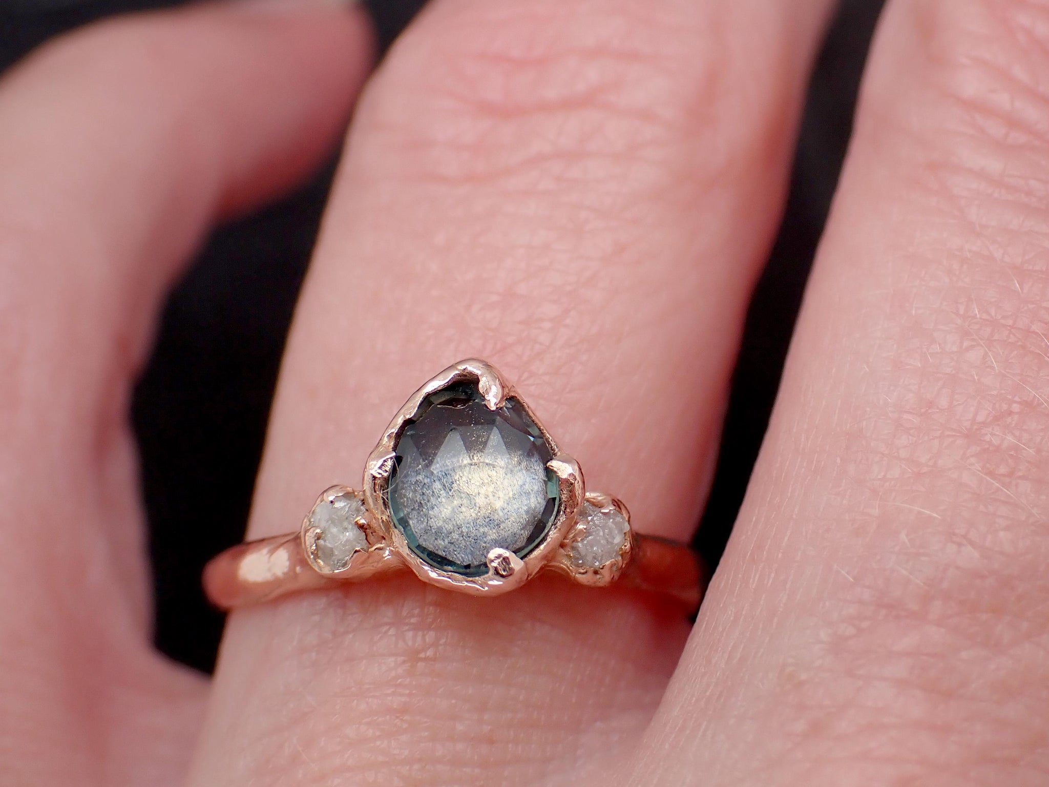 Montana Blue Sapphire Rose Cut Engagement Ring – 14k Rose Gold with faceted Diamonds by Angeline Custom Wedding 3588