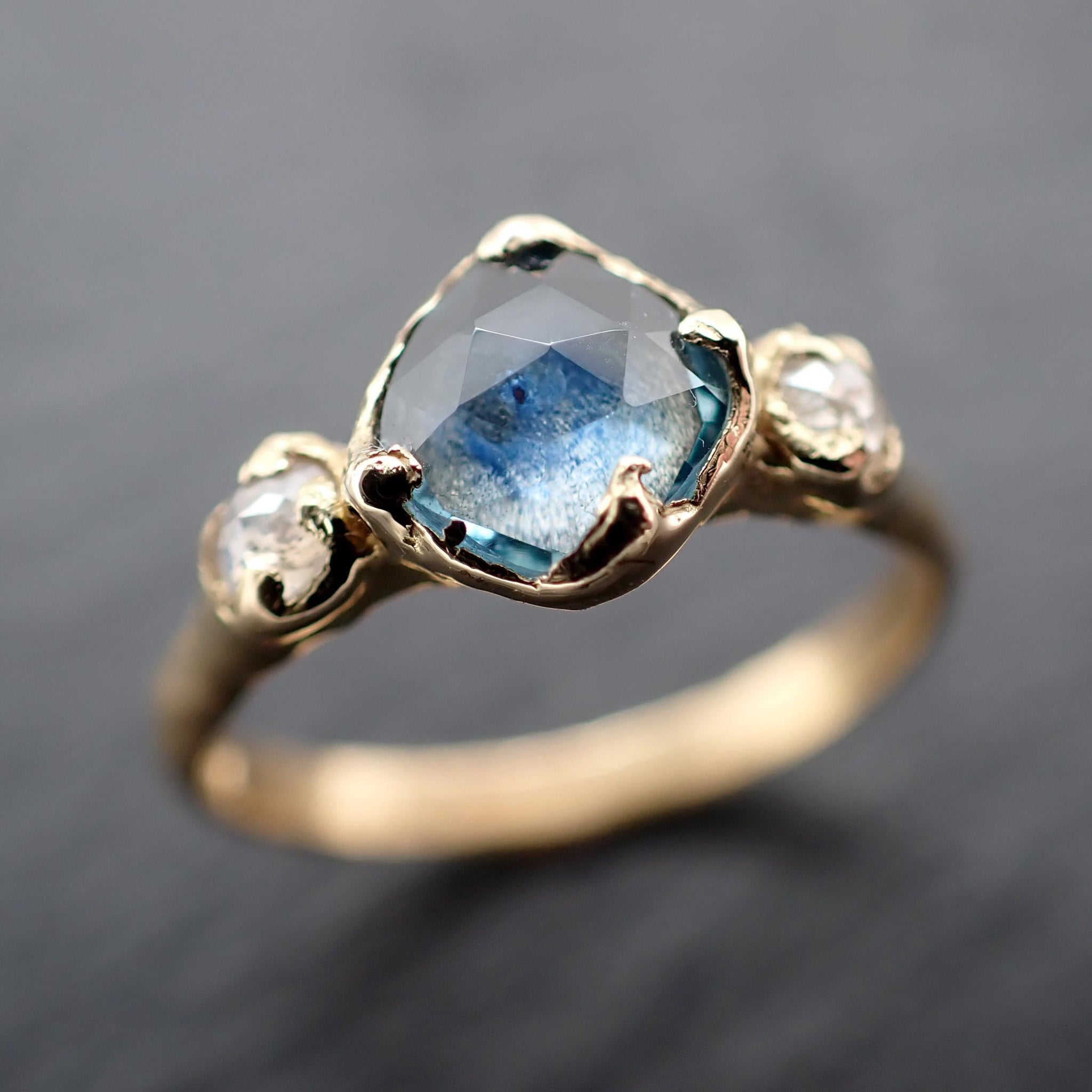 Montana Sapphire 18k Yellow Gold Engagement Ring: Rose Cut Sapphire Fancy Cut Diamond Accent- Angeline Custom Wedding