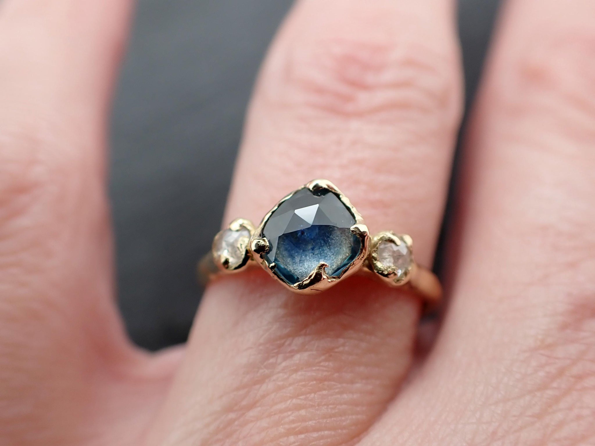 Montana Sapphire 18k Yellow Gold Engagement Ring: Rose Cut Sapphire Fancy Cut Diamond Accent- Angeline Custom Wedding