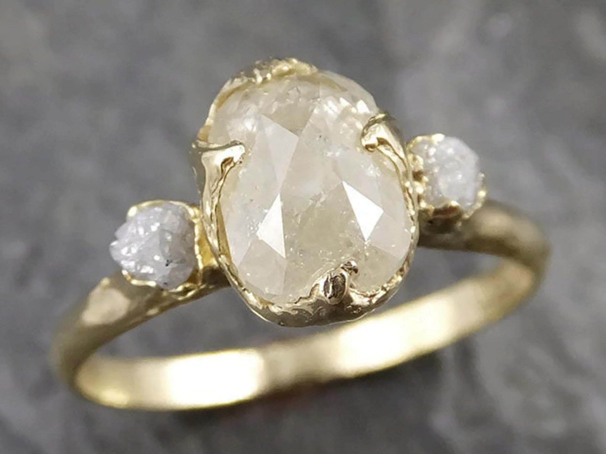 Elongated Rose-Cut Diamond Engagement Ring | 18k Yellow Gold Three Stone Ring | Rustic Organic Wedding Ring | By Angeline | 1244