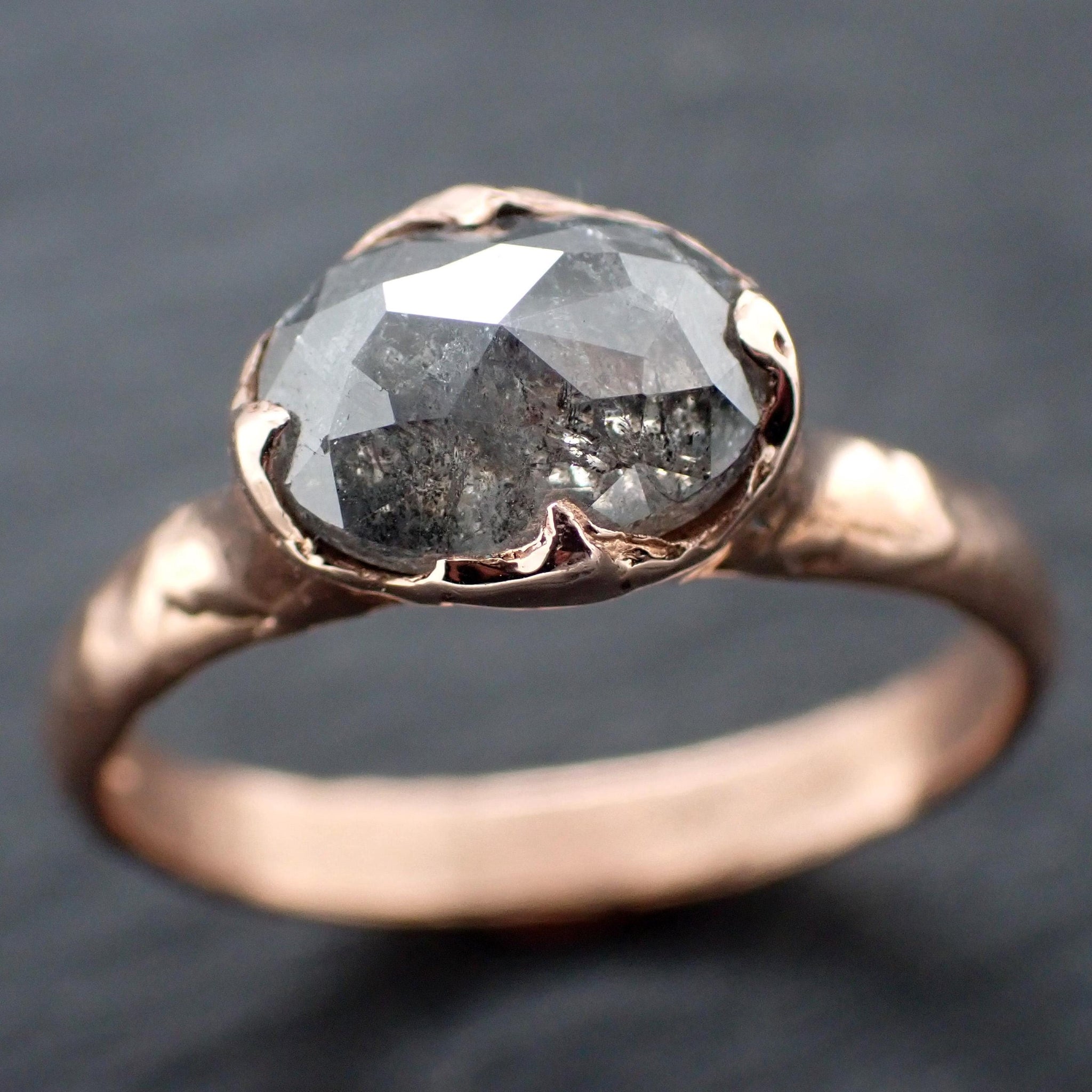 Salt and Pepper Diamond Engagement Ring • Elongated Rose Cut Diamond • 14k Rose Gold Wedding Ring