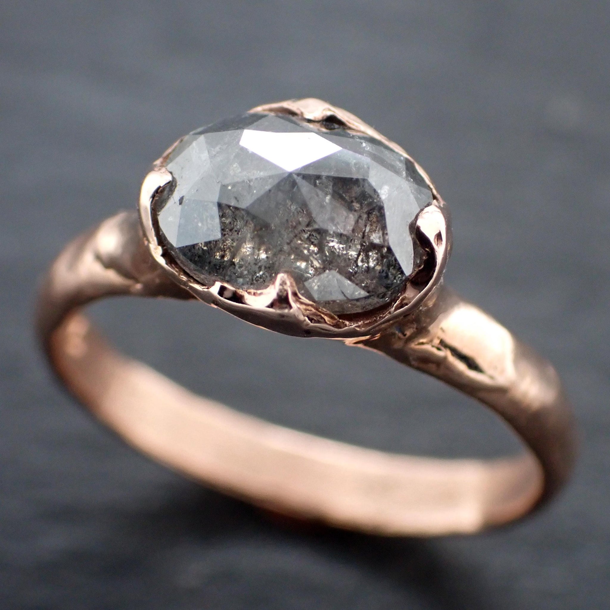 Salt and Pepper Diamond Engagement Ring • Elongated Rose Cut Diamond • 14k Rose Gold Wedding Ring