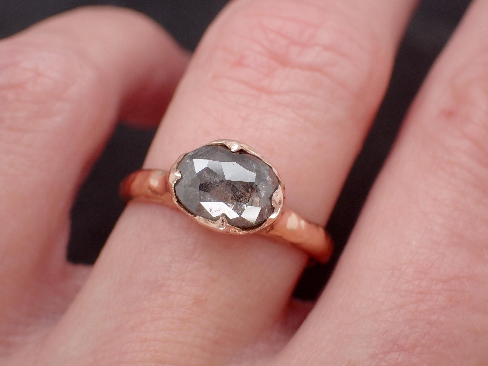 Salt and Pepper Diamond Engagement Ring • Elongated Rose Cut Diamond • 14k Rose Gold Wedding Ring