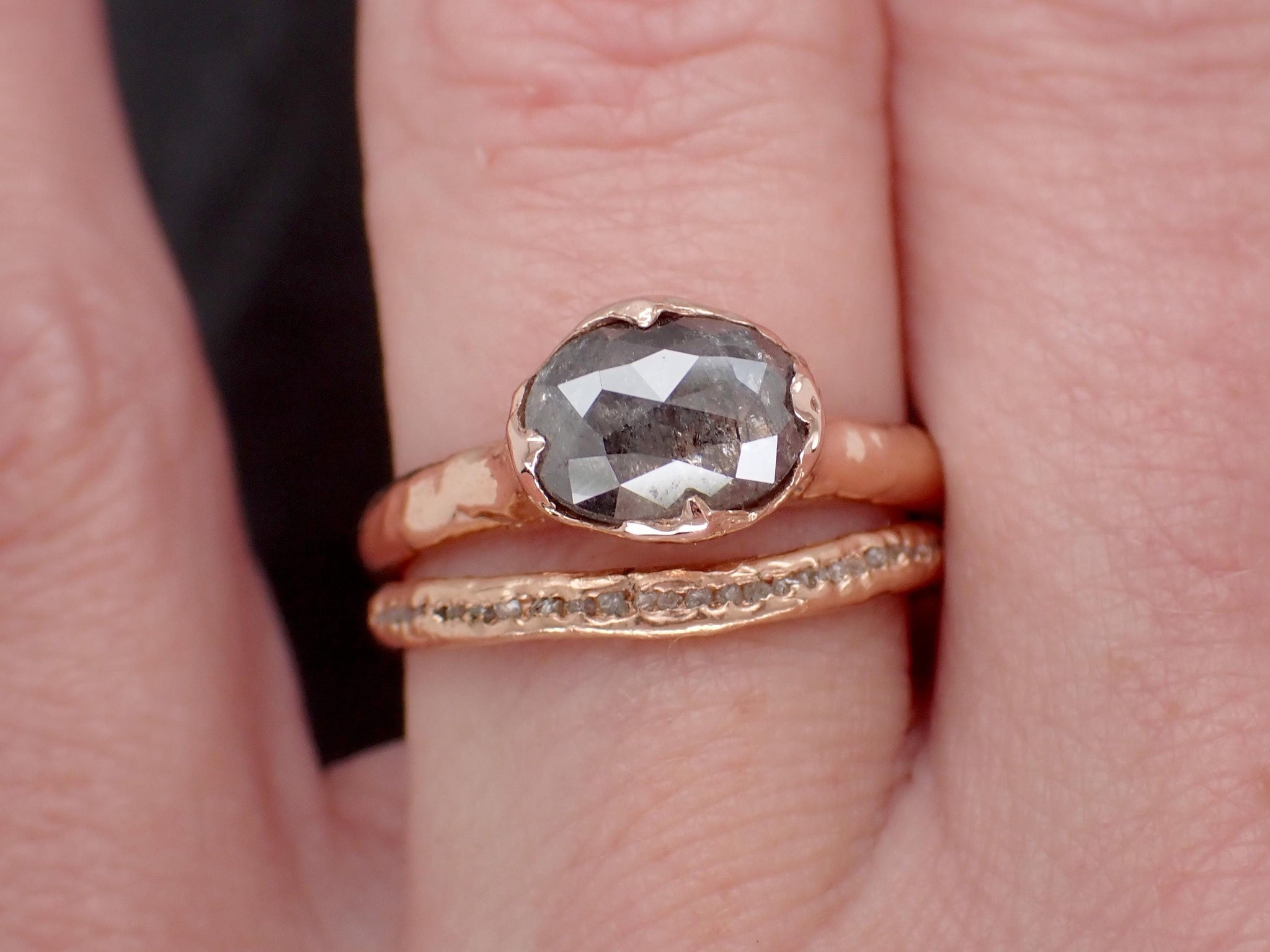 Salt and Pepper Diamond Engagement Ring • Elongated Rose Cut Diamond • 14k Rose Gold Wedding Ring