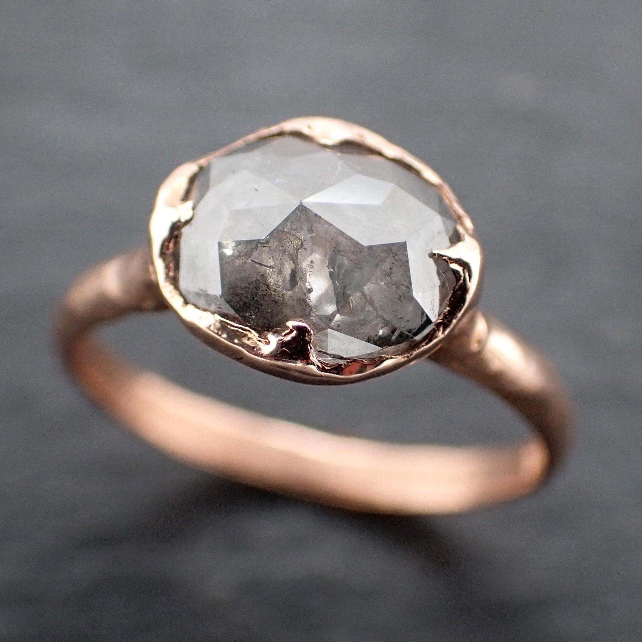 Salt and Pepper Diamond Engagement Ring • Elongated Rose Cut Diamond • 14k Rose Gold Wedding Ring