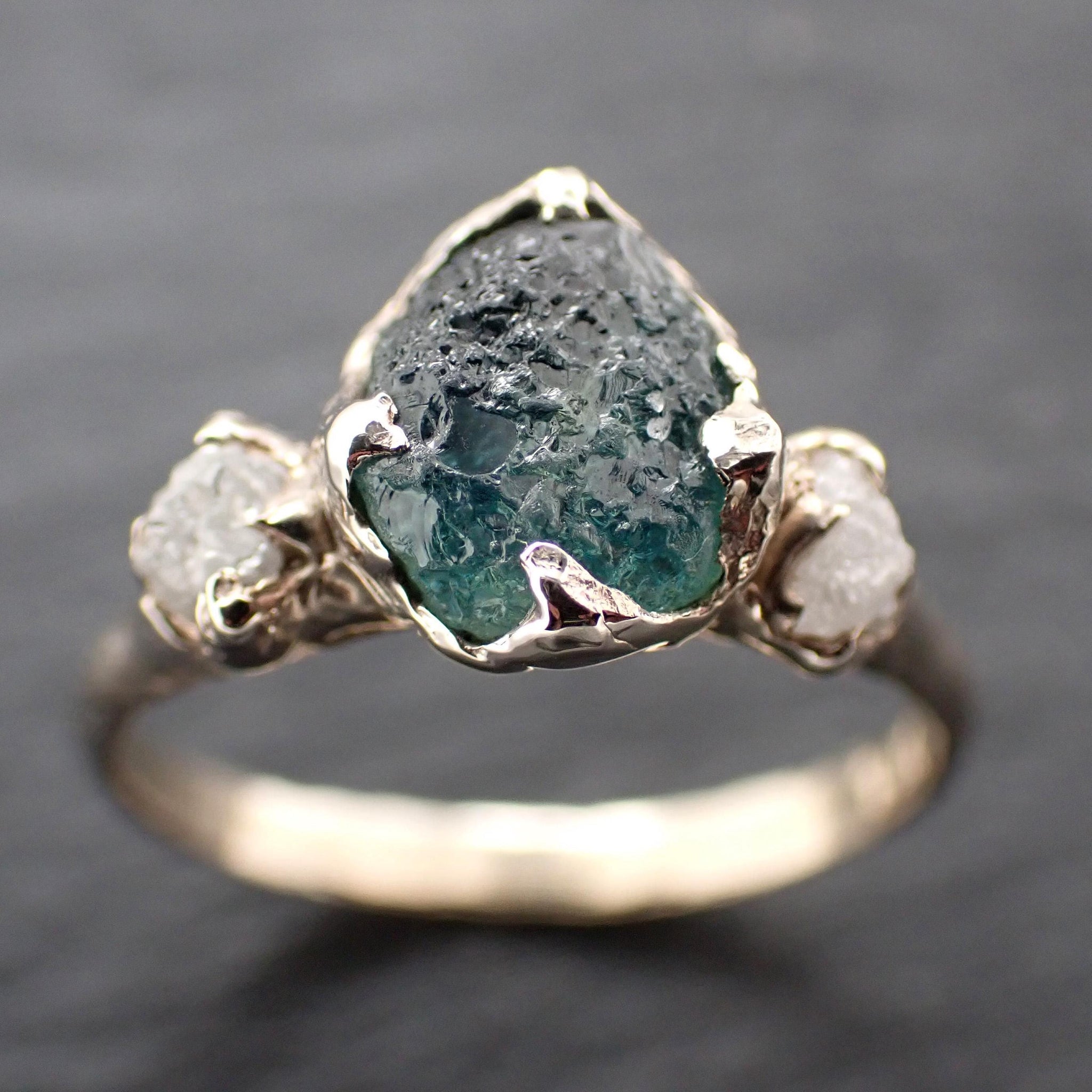 Raw Blue Montana Sapphire Engagement Ring • Rough Diamond Accents • 14k Yellow Gold Organic Solitaire 3602