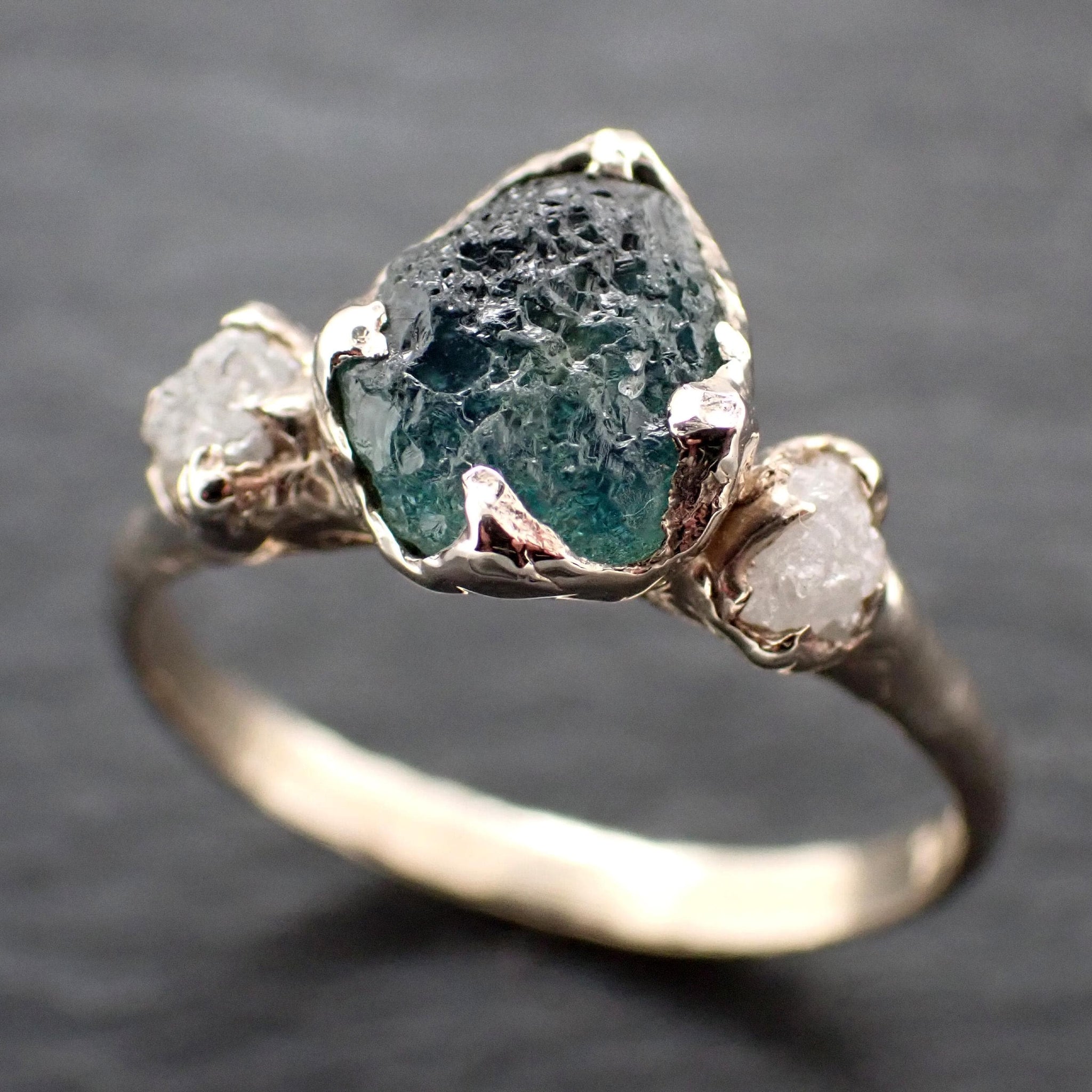 Raw Blue Montana Sapphire Engagement Ring • Rough Diamond Accents • 14k Yellow Gold Organic Solitaire 3602