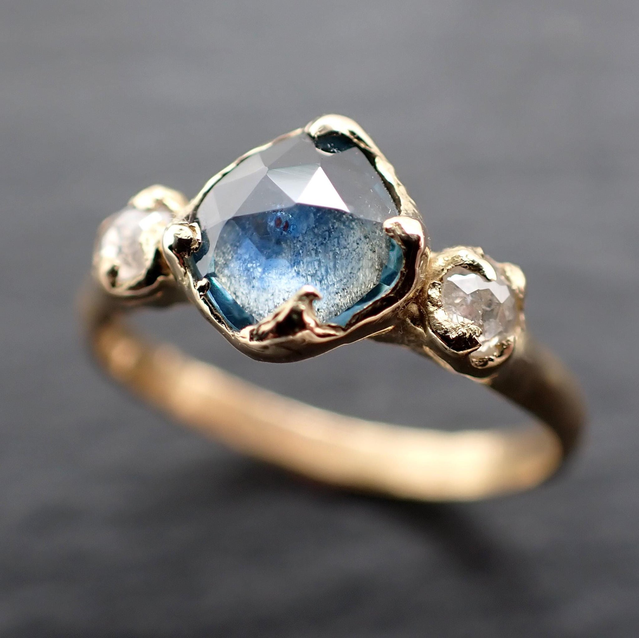 Montana Sapphire 18k Yellow Gold Engagement Ring: Rose Cut Sapphire Fancy Cut Diamond Accent- Angeline Custom Wedding