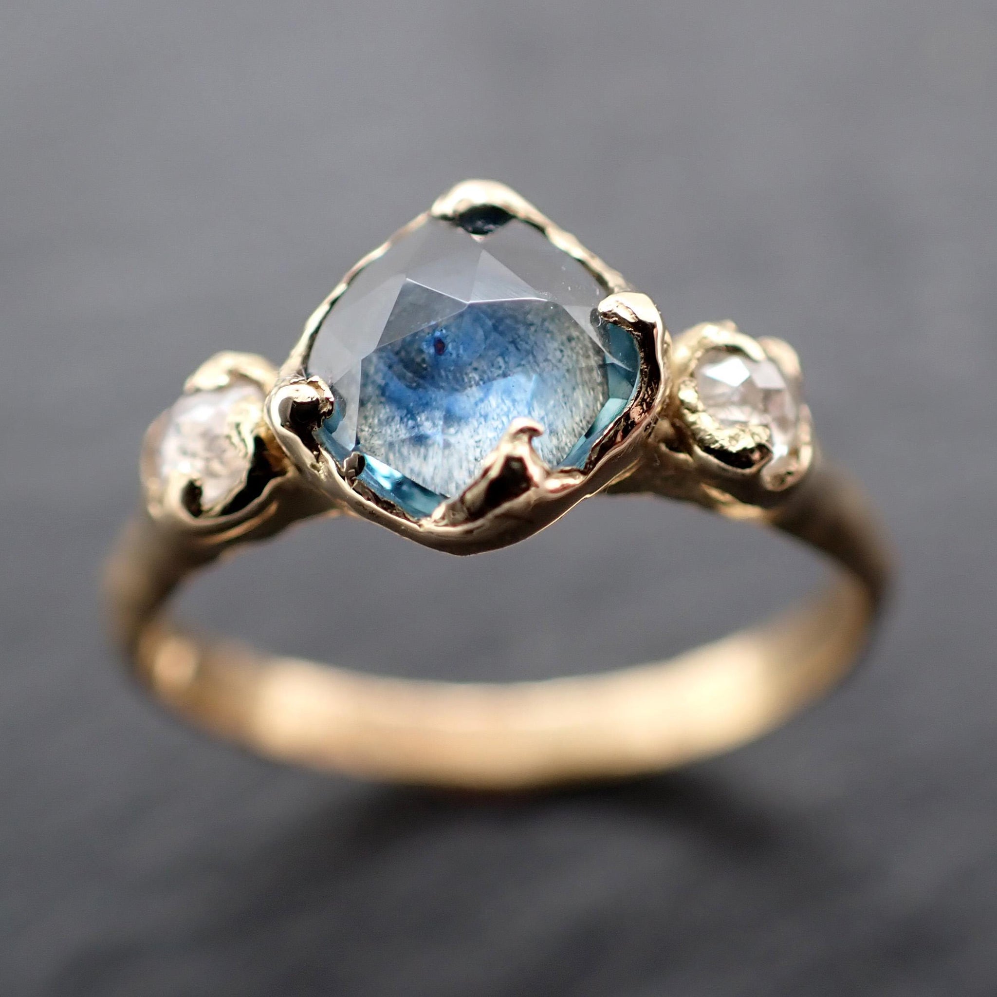 Montana Sapphire 18k Yellow Gold Engagement Ring: Rose Cut Sapphire Fancy Cut Diamond Accent- Angeline Custom Wedding