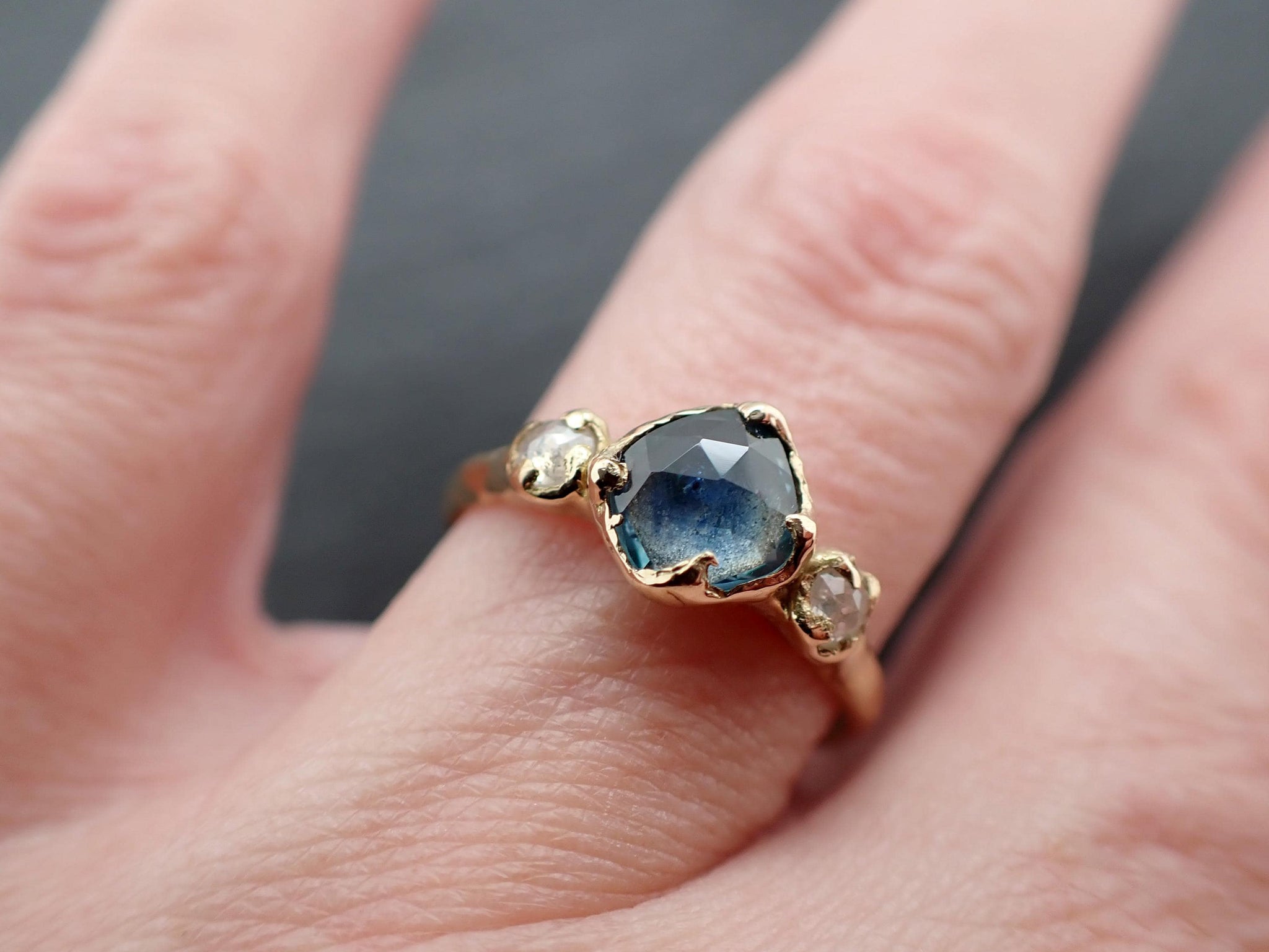 Montana Sapphire 18k Yellow Gold Engagement Ring: Rose Cut Sapphire Fancy Cut Diamond Accent- Angeline Custom Wedding