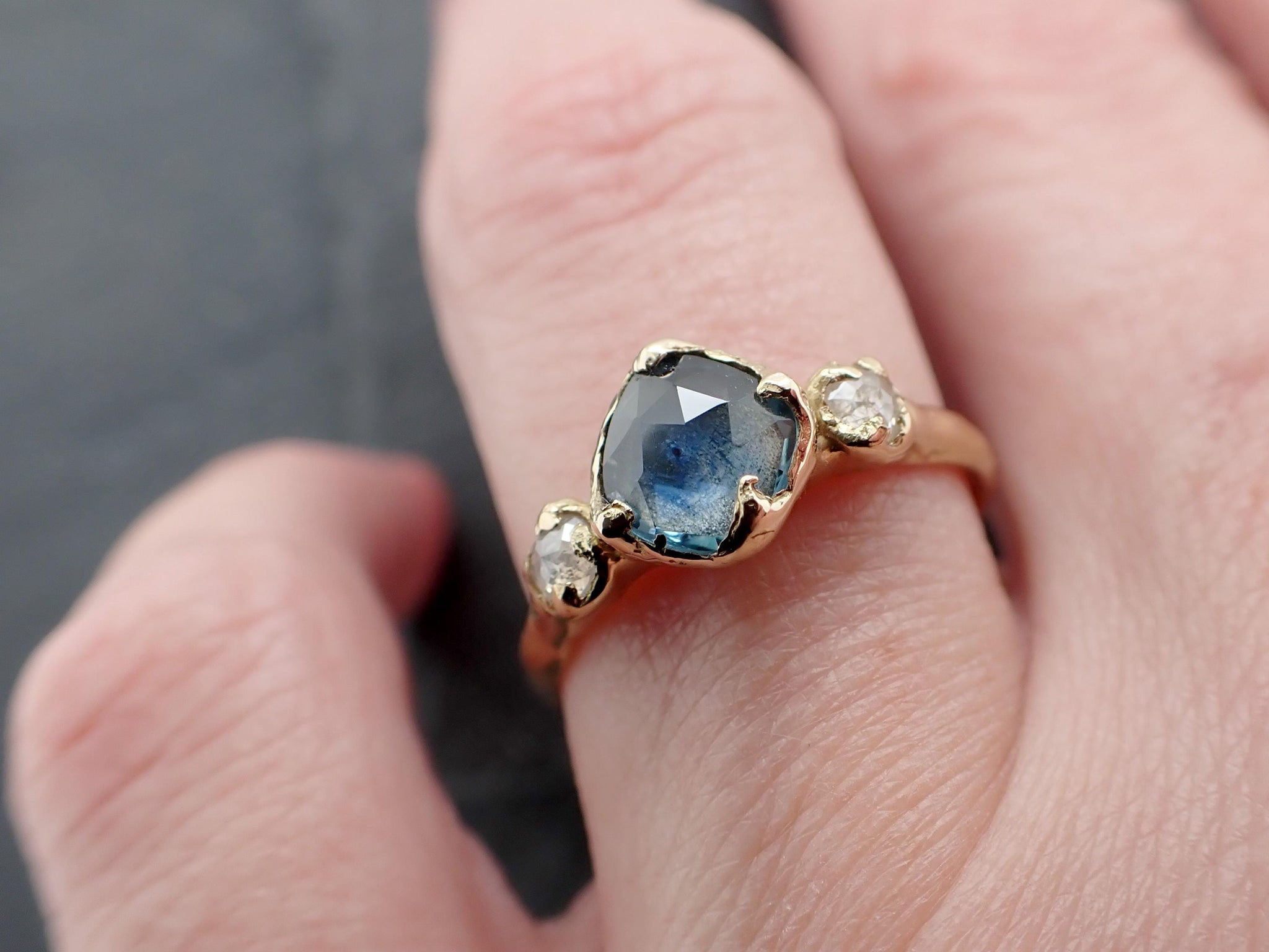 Montana Sapphire 18k Yellow Gold Engagement Ring: Rose Cut Sapphire Fancy Cut Diamond Accent- Angeline Custom Wedding