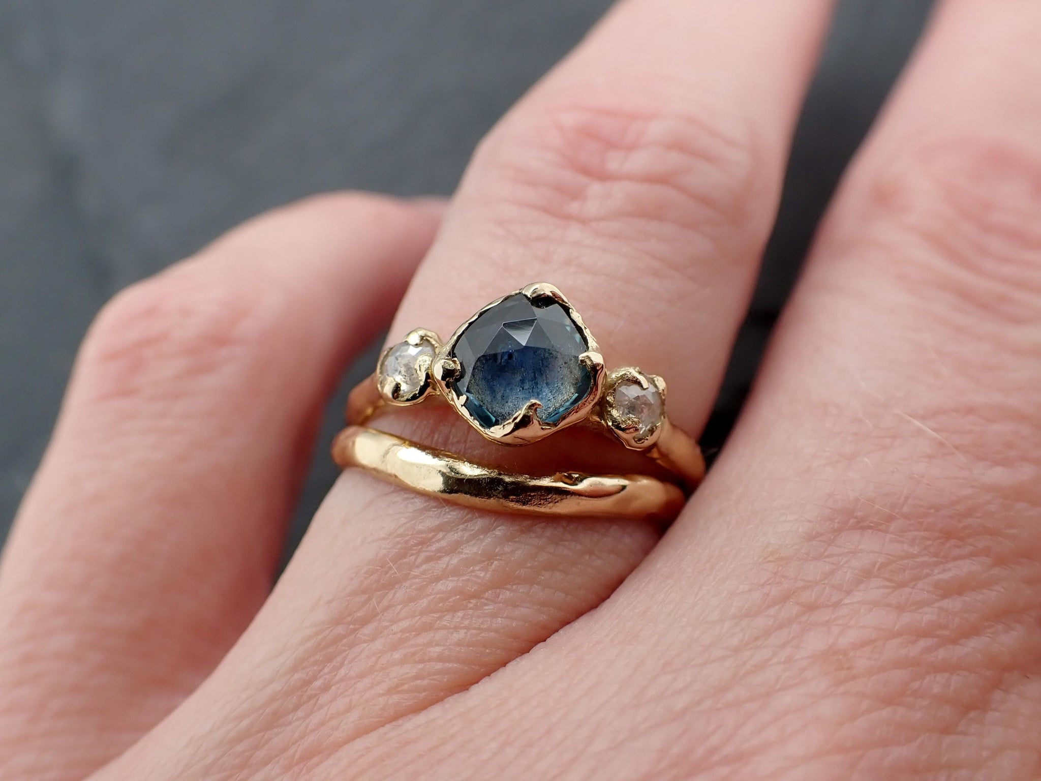 Montana Sapphire 18k Yellow Gold Engagement Ring: Rose Cut Sapphire Fancy Cut Diamond Accent- Angeline Custom Wedding
