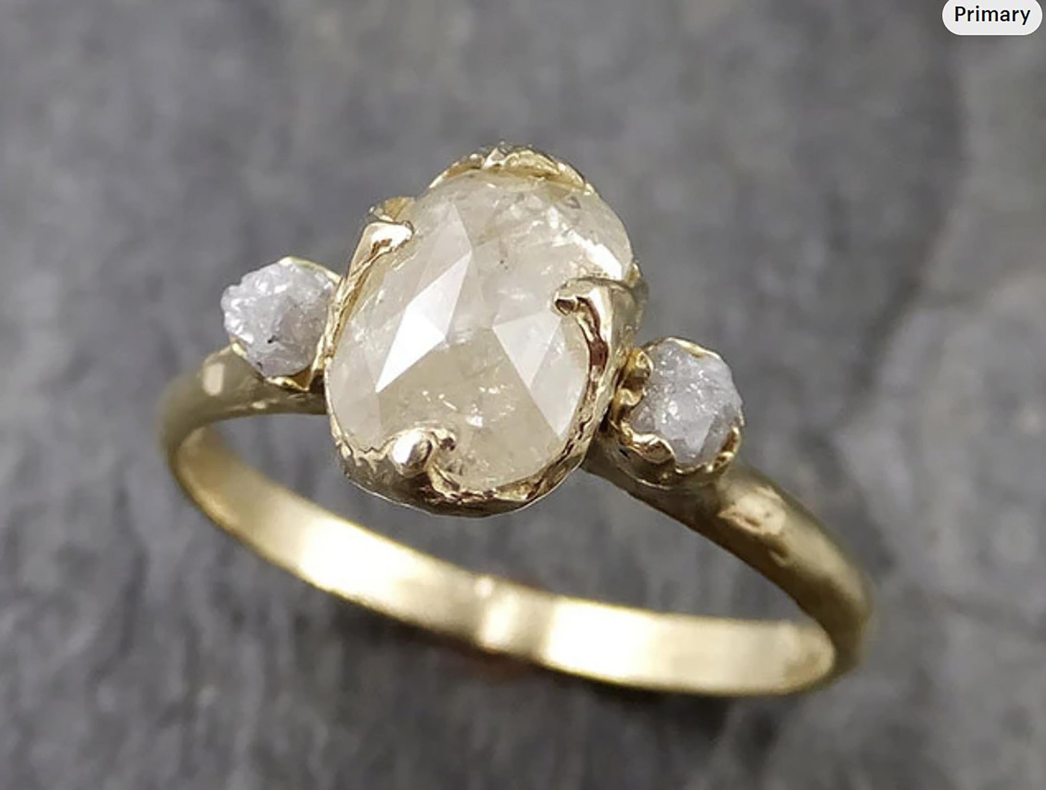 Elongated Rose-Cut Diamond Engagement Ring | 18k Yellow Gold Three Stone Ring | Rustic Organic Wedding Ring | By Angeline | 1244