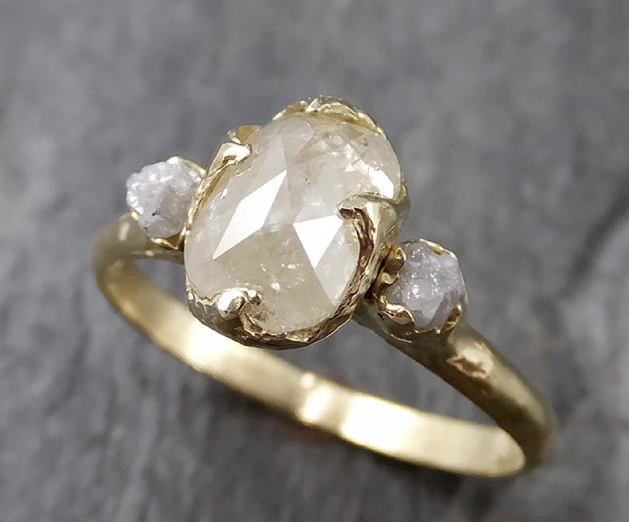 Elongated Rose-Cut Diamond Engagement Ring | 18k Yellow Gold Three Stone Ring | Rustic Organic Wedding Ring | By Angeline | 1244