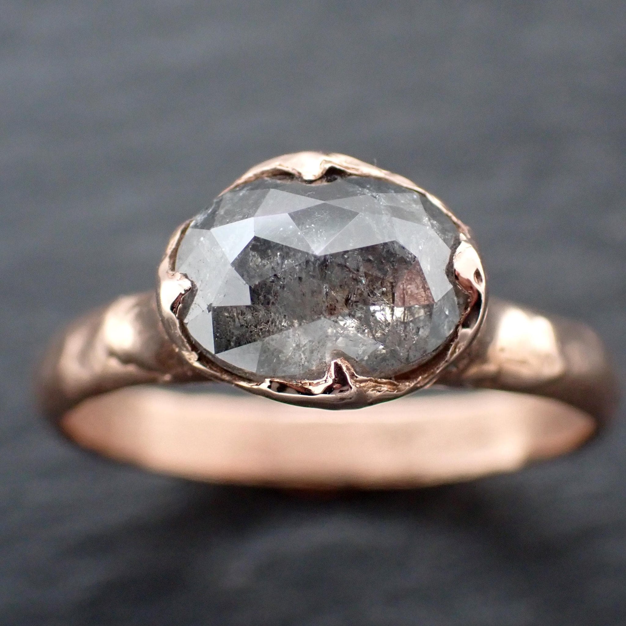 Salt and Pepper Diamond Engagement Ring • Elongated Rose Cut Diamond • 14k Rose Gold Wedding Ring