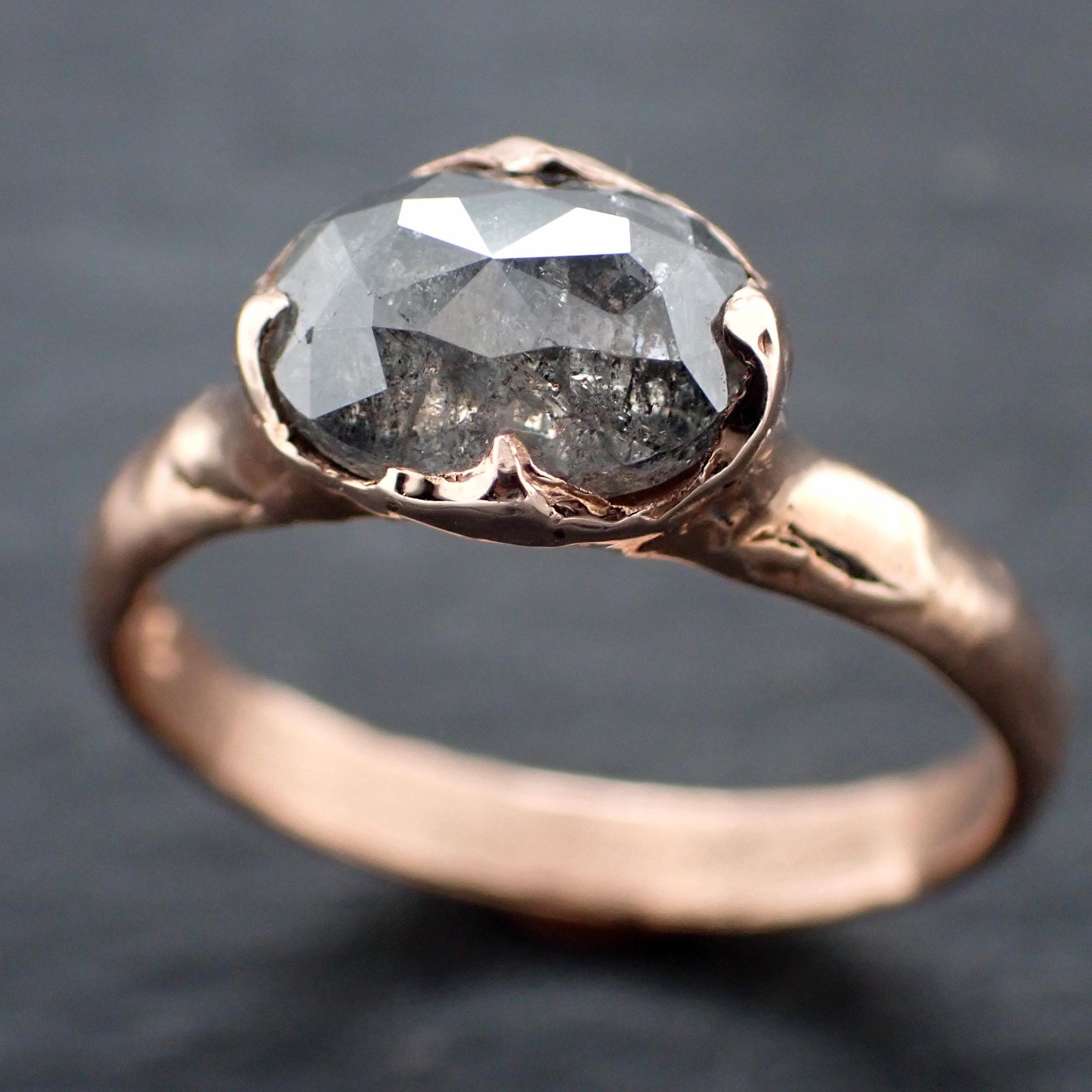 Salt and Pepper Diamond Engagement Ring • Elongated Rose Cut Diamond • 14k Rose Gold Wedding Ring