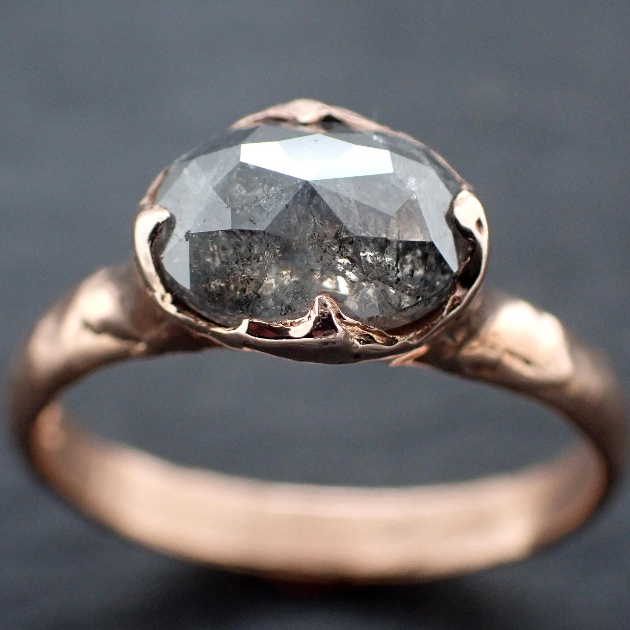 Salt and Pepper Diamond Engagement Ring • Elongated Rose Cut Diamond • 14k Rose Gold Wedding Ring