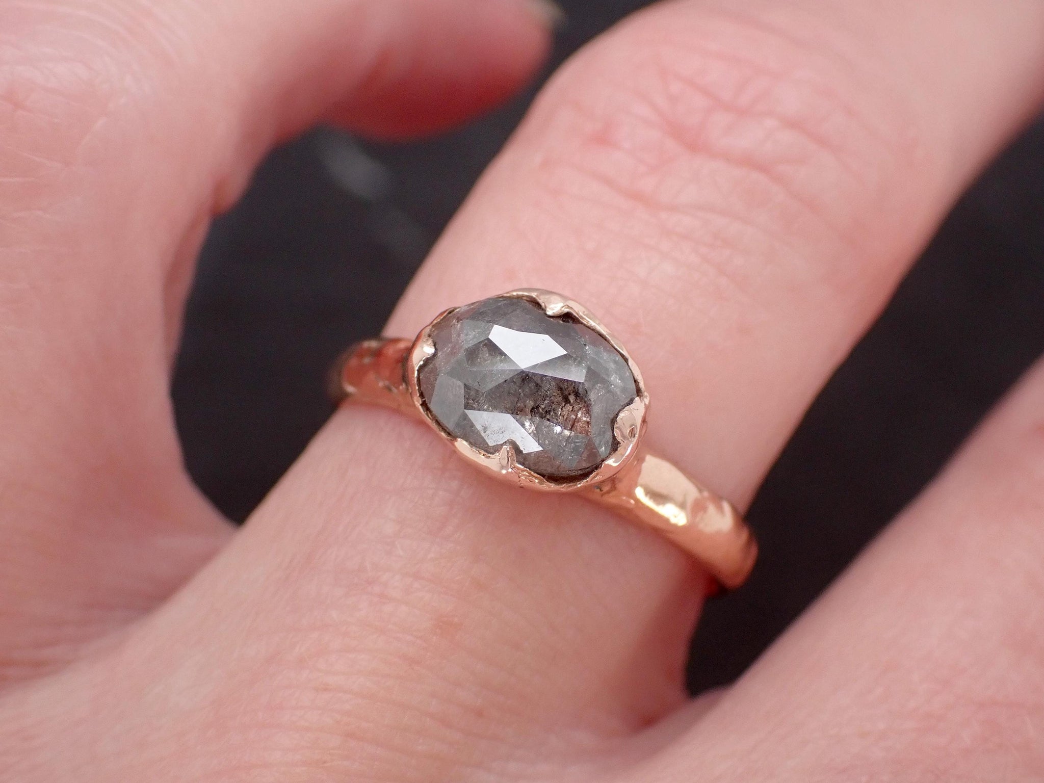 Salt and Pepper Diamond Engagement Ring • Elongated Rose Cut Diamond • 14k Rose Gold Wedding Ring