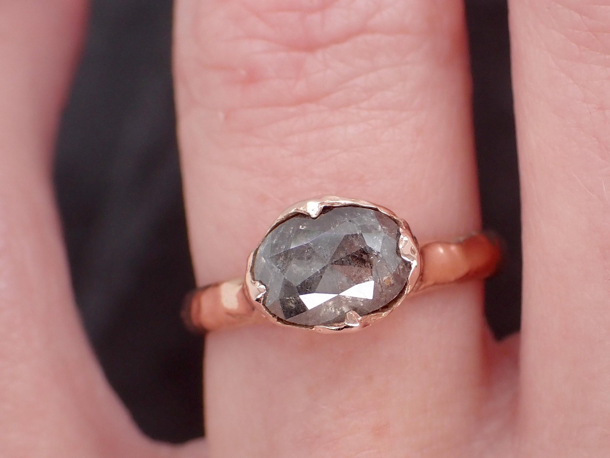 Salt and Pepper Diamond Engagement Ring • Elongated Rose Cut Diamond • 14k Rose Gold Wedding Ring