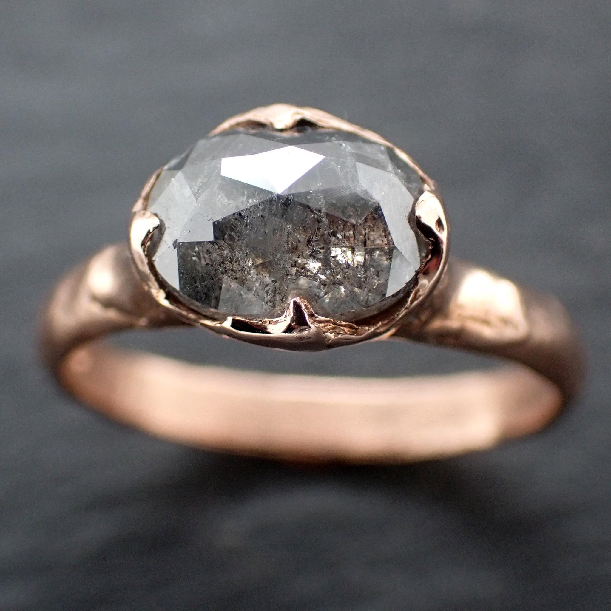 Salt and Pepper Diamond Engagement Ring • Elongated Rose Cut Diamond • 14k Rose Gold Wedding Ring