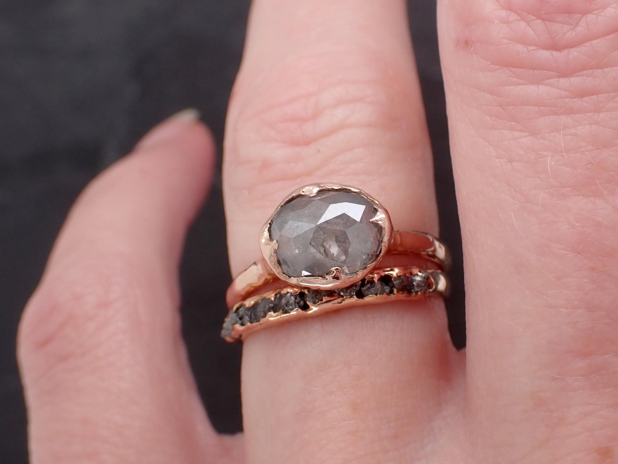 Salt and Pepper Diamond Engagement Ring • Elongated Rose Cut Diamond • 14k Rose Gold Wedding Ring