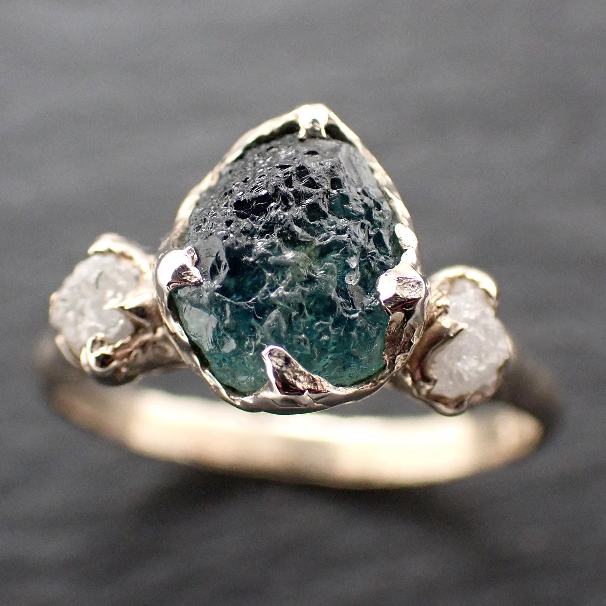 Raw Blue Montana Sapphire Engagement Ring • Rough Diamond Accents • 14k Yellow Gold Organic Solitaire 3602