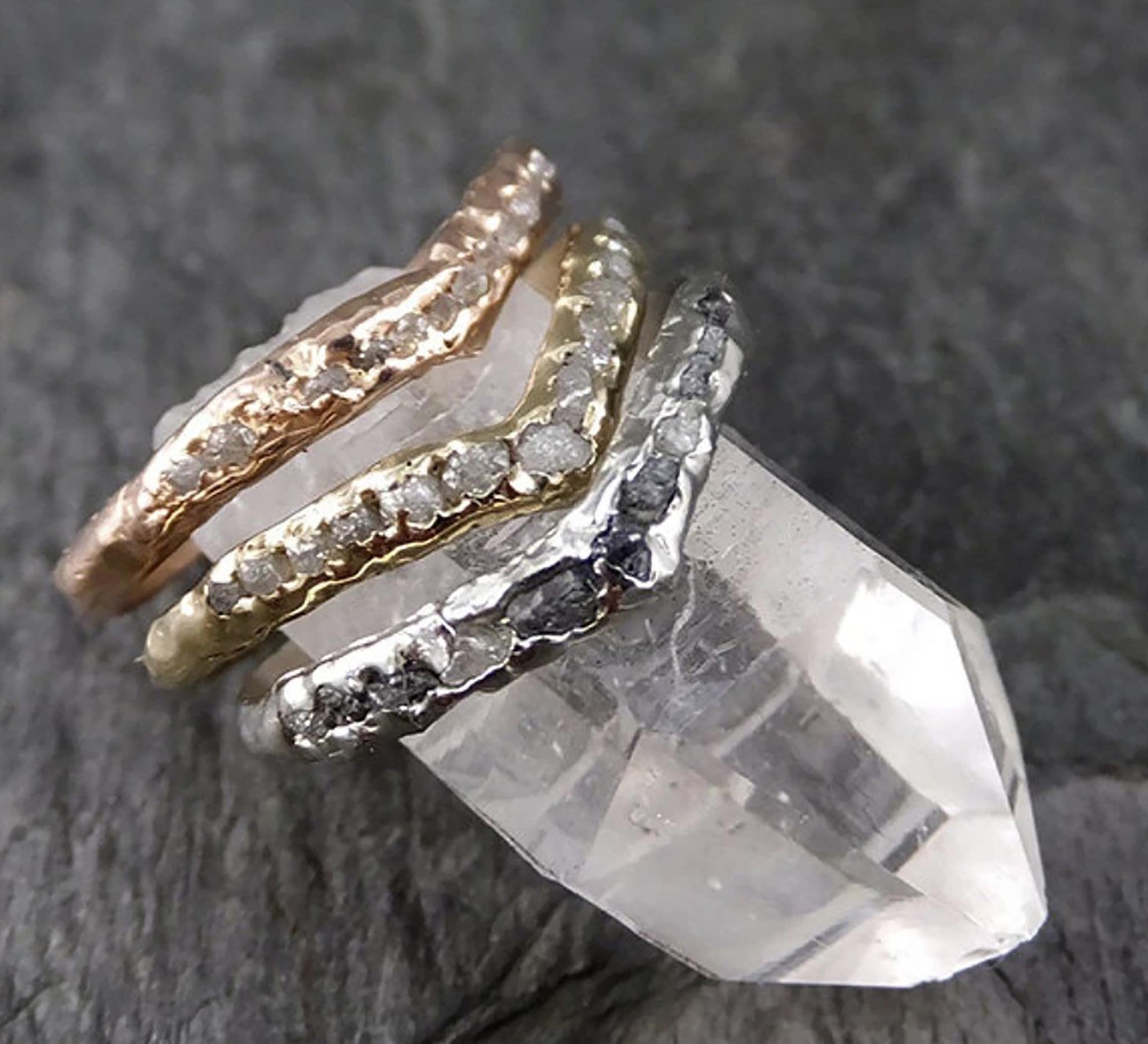 Raw Rough Uncut Diamond Straight Contour Curved V Point Wedding Band Rose white yellow 14k / 18k Gold Wedding Ring byAngeline C0197