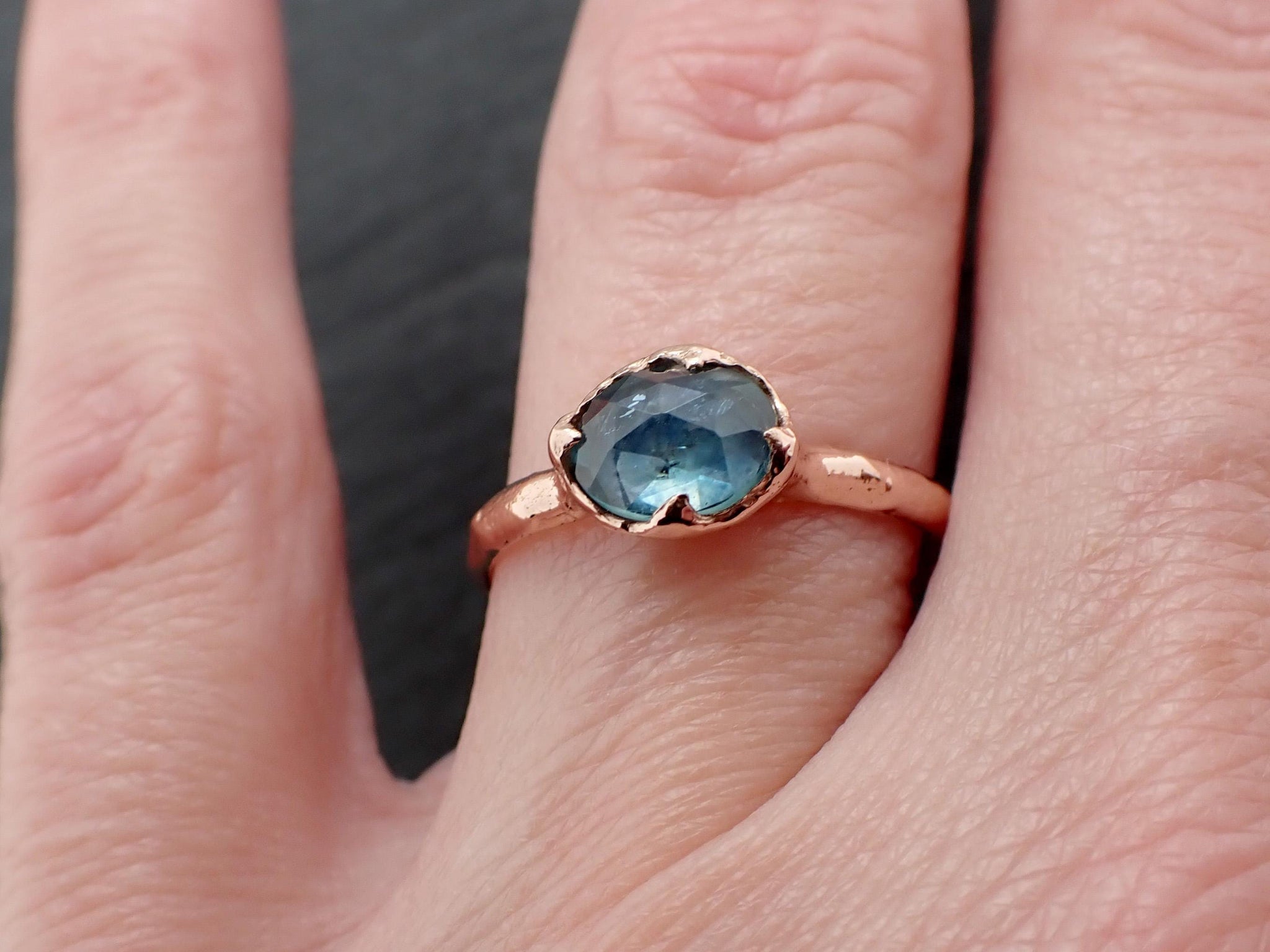 Montana Sapphire Solitaire Engagement Ring • 14k Rose Gold • Blue Green Rose Cut • Handmade byAngeline 3610