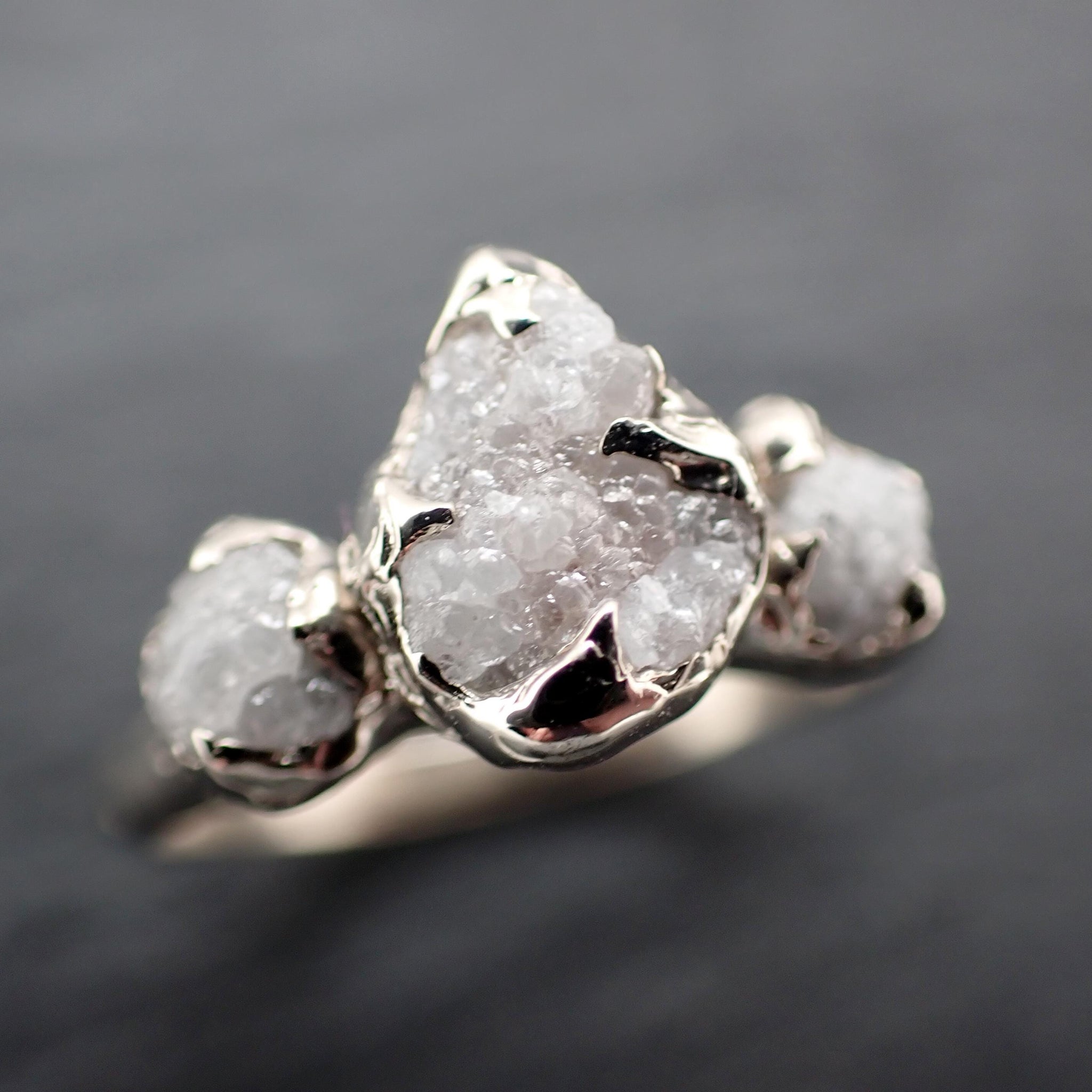 Rough Diamond Crown Ring • Three Stone Raw Diamond Ring • 14k White Gold • Rustic Diamond Engagement Ring • Handmade byAngeline 3612